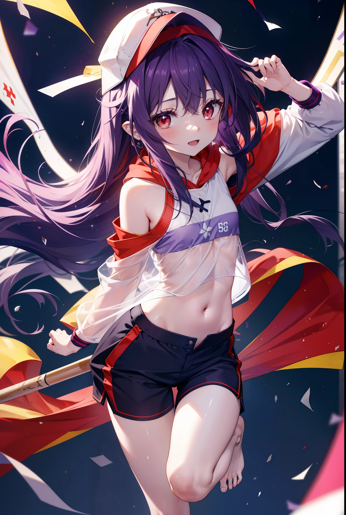 yuukikonno, Yuki Konno, hair band, long hair, pointed ears, purple hair, smile,blush,(red eyes:1.5), (small breasts:1.2), open your mouth,purple sleeveless hoodie,baseball hat,baseball hatの上からパーカーのフードを被っている,The front is open,It&#39;s a bellybutton,y shirt shorts,barefoot,Cute Sandals,
break looking at viewer, Upper body, whole body,
break outdoors, coastal street,
break (masterpiece:1.2), highest quality, High resolution, unity 8k wallpaper, (figure:0.8), (detailed and beautiful eyes:1.6), highly detailed face, perfect lighting, Very detailed CG, (perfect hands, perfect anatomy),