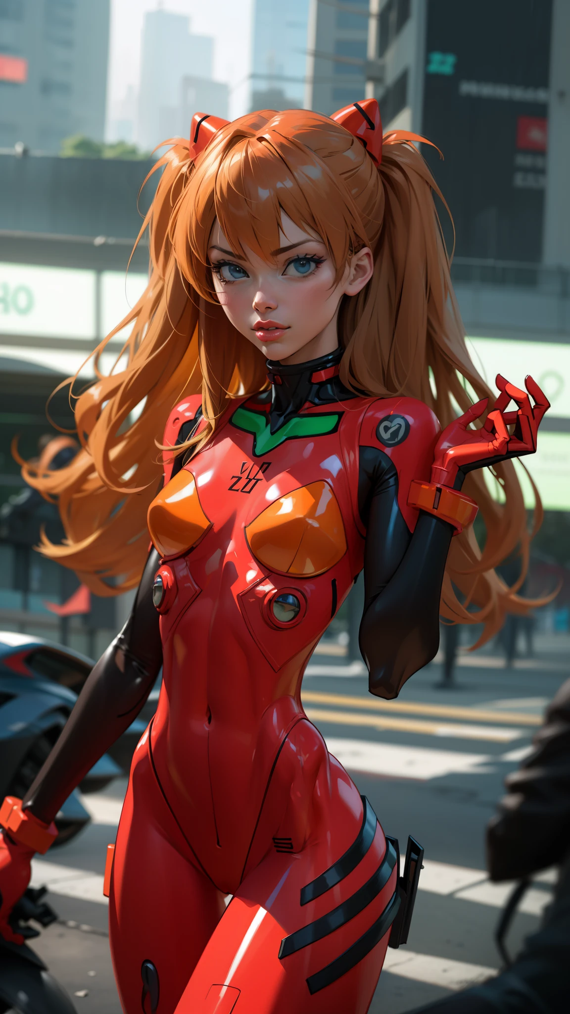 Asuka langley evangelion, a stunning woman, ((low rise bodysuit:1.4)), confidently on a vibrant city street in eva plugsuit, ((slendered abs:1.4)), ((navel exposed)), ((v cut abs:1.3)), realistic, super detail, ((masterpiece)), (cinematic lighting), ((dark lighting))