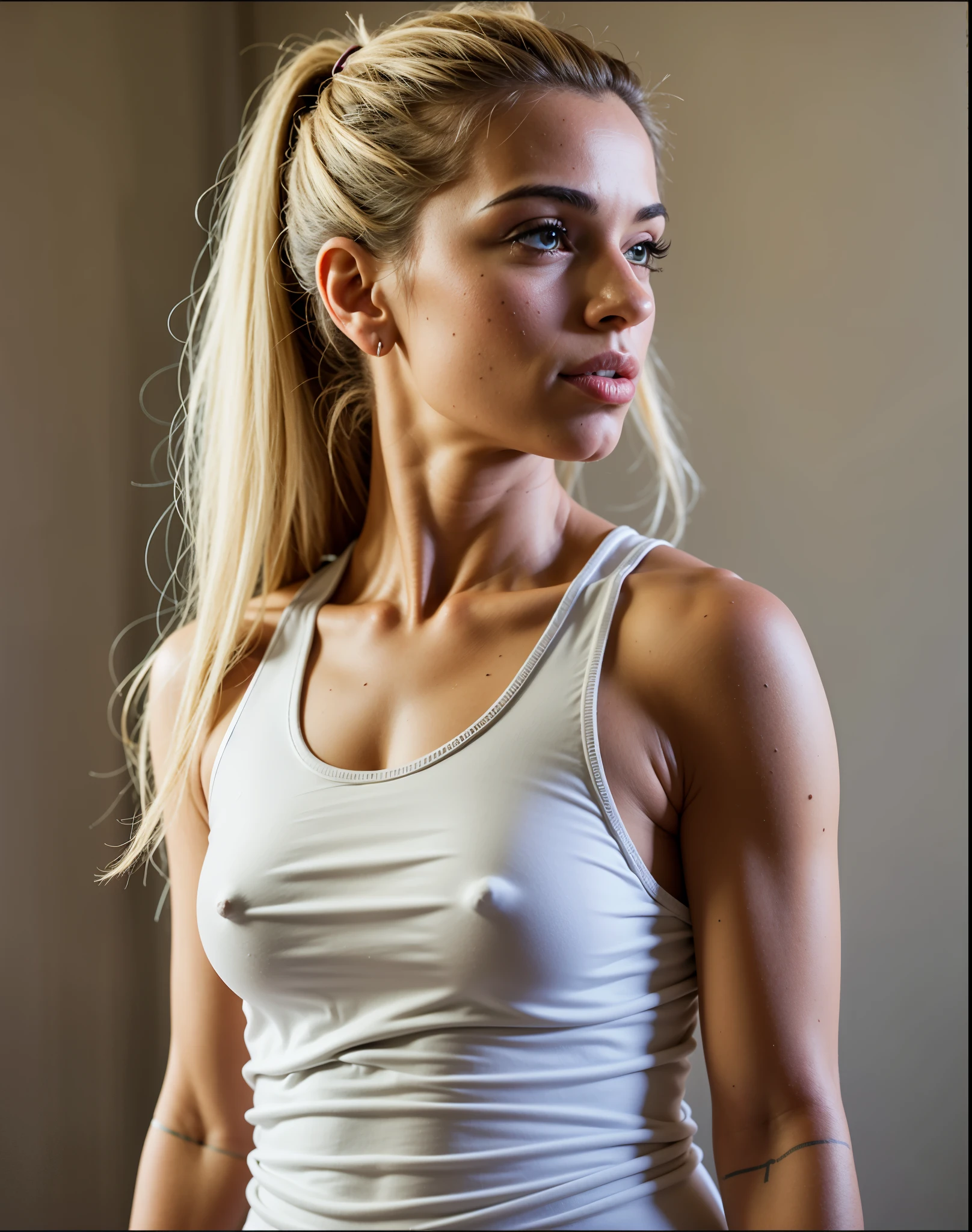mulher arafida de blusa branca, looking away from the camera, apta, mulher em forma, rosto e corpo atraentes, Modelo de fitness, ajuste figura delicada, lindo corpo e rosto, Topo branco, peito achatado, corpo em forma, foto adequada, cabelo loiro com rabo de cavalo, camisa apertada, 2 modelo feminino de 4 anos, linda garota loira, pose lateral