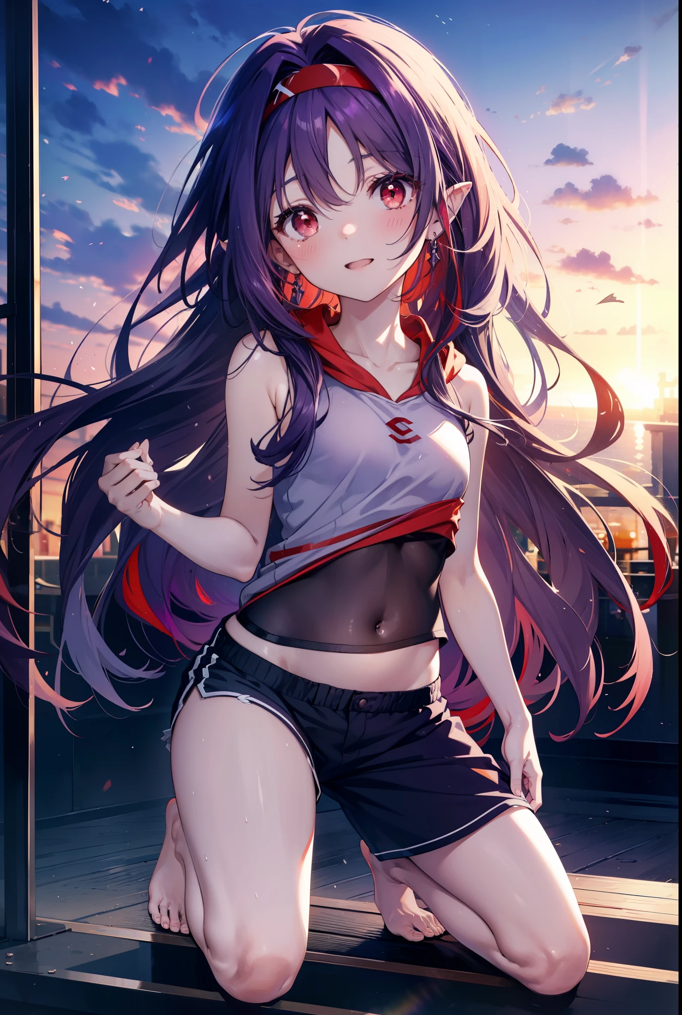 1female, adult, sexy, finely detailed crimson eyes, curly medium hair, two tone hair color, eggplant hair color, black hair color, oversized crop top hoodie, baggy shorts, standing on building, day time, tokyo streets, calm expression, smile, flowers