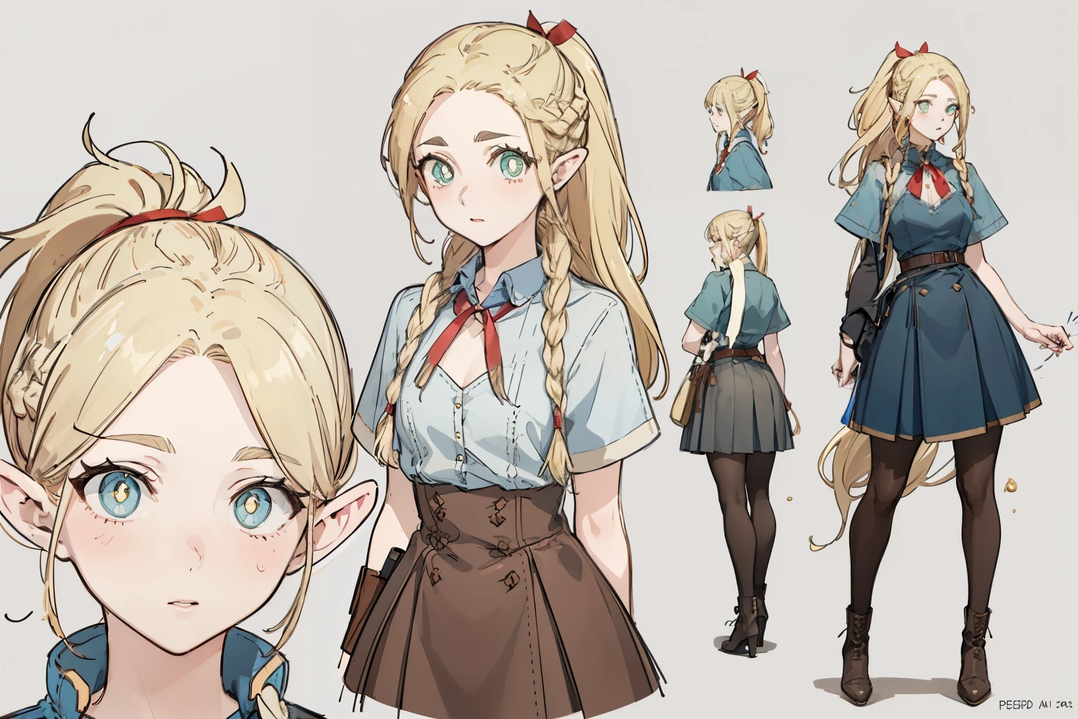 stockings,pantyhose,skirt,dress,white top,boots, fashionable clothing,(whole body,character design sheet,front,Back,side),long golden hair,single ponytail,Double tail,high ponytail,thick eyebrows, bust and waist,beautiful blonde,(masterpiece),((best quality)),(super detailed),(beautiful eyes beautiful details eyes,Clean and delicate face)