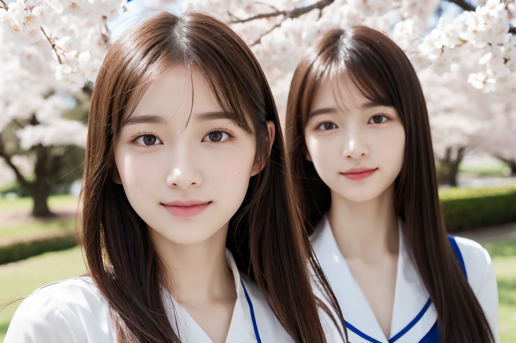 waist shot　three girls　Commemorative photo　beautiful glowing skin　　(Amazingly detailed image quality:1.5). (very perfect detailed and beautiful eyes:1.3). (Amazingly very realistic and high quality eyes:1.3) (Very high definition and high quality eyes)  ((very sharp focus:1.3))  high school girl　school uniform　　  (RAW photo, highest quality,realistic, Photoreal,very delicate and beautiful,very detailed, finely,Super detailed, High resolution:1.3), Japanese, woman, (17 years old), viewer&#39;point of view, Straight semi-long hair that shines amazingly beautifully, See-through bang, gentle smile　viewer&#39;point of view　 Draw poses and angles randomly,  (cute:1.3) The background is cherry blossoms