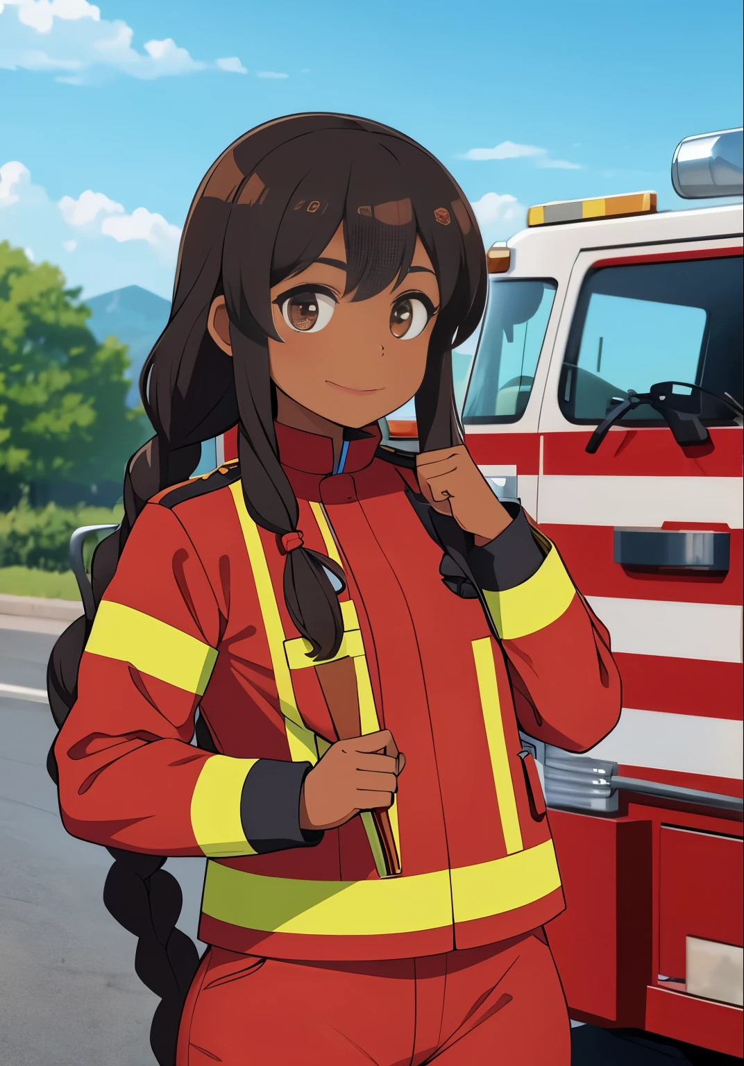 Cute brown skinned firewoman, firewoman outfit, she is at a fire department, she has long black braided hair