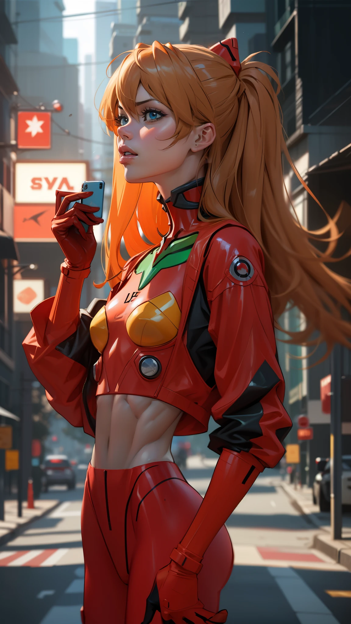 Asuka langley evangelion, a stunning woman, confidently using her phone on a vibrant city street in trendy attire, ((slendered abs:1.4)), realistic, super detail, ((masterpiece)), (cinematic lighting), ((dark lighting))