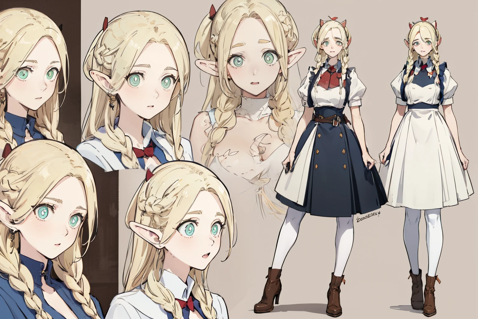 stockings,pantyhose,skirt,dress,white top,boots, fashionable clothing,(whole body,character design sheet,front,Back,side),long golden hair,thick eyebrows, bust and waist,beautiful blonde,(masterpiece),((best quality)),(super detailed),(beautiful eyes beautiful details eyes,Clean and delicate face),bunny girl,Nurse,maid