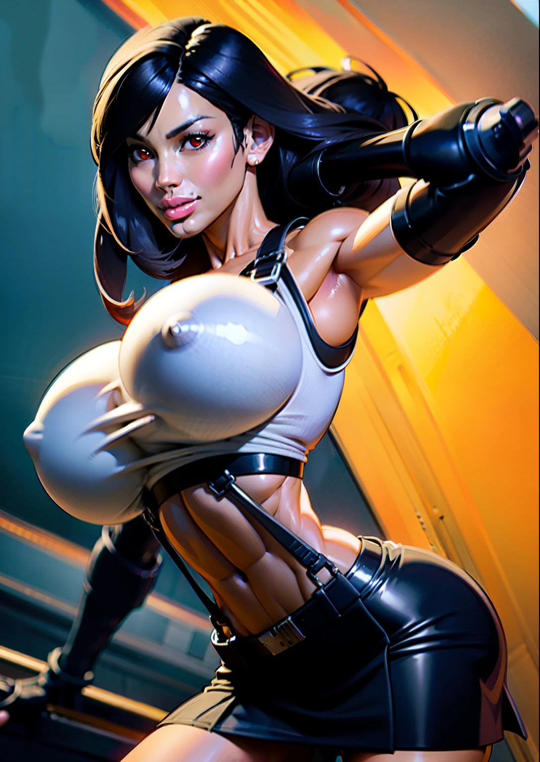 (warm lighting:1.4), top quality, very delicate and beautiful, high resolution, 1girl, tifa_lockhart, smile, (6 pack abs:1.3), (abs), (gemma chan face:1.3), (orange colors from light,), warm colors, sunset lighting, perfect light, cowboy shot, suspenders, low rise, mini skirt, tank top, tense shirt, black hair, long hair, elbow gloves, beautiful detailed red eyes, face light, movie lighting, navel, high exposure, abdomen exposure, ribs, abs, (gigantic breasts: 1.4), dynamic poses, dynamic angles,