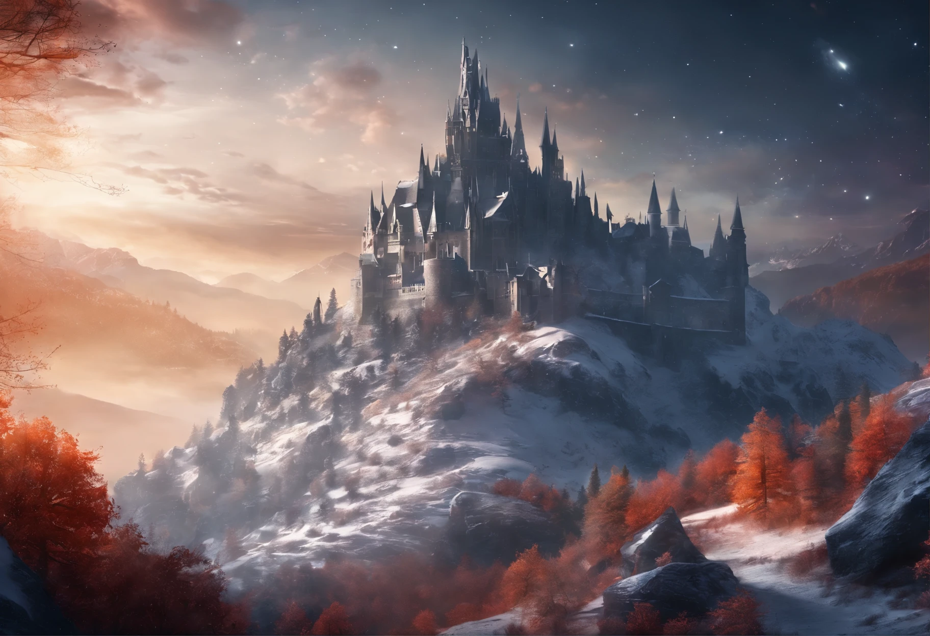 Vast Landscape Photo atumn (view from bottom, which shows the sky overhead and the rocks), Fortress at the top, (Shooting stars: 0,9), (nebula: 1,3), High Lonely Mountain warm lights in castle,(Cold light source:1.2), Lonely Mountain, Snow-capped mountains, voluminous lighting, реализм BREAK (tmasterpiece:1.2), (beste-Qualit), 4k, Ultra-detailed, (Dynamic composition: 1.4), Detailed, colorful details, (White color scheme: 1.2), (Glowing Lighting, Ambiance Lighting), dreamy, elvish, (solo: 1.2)