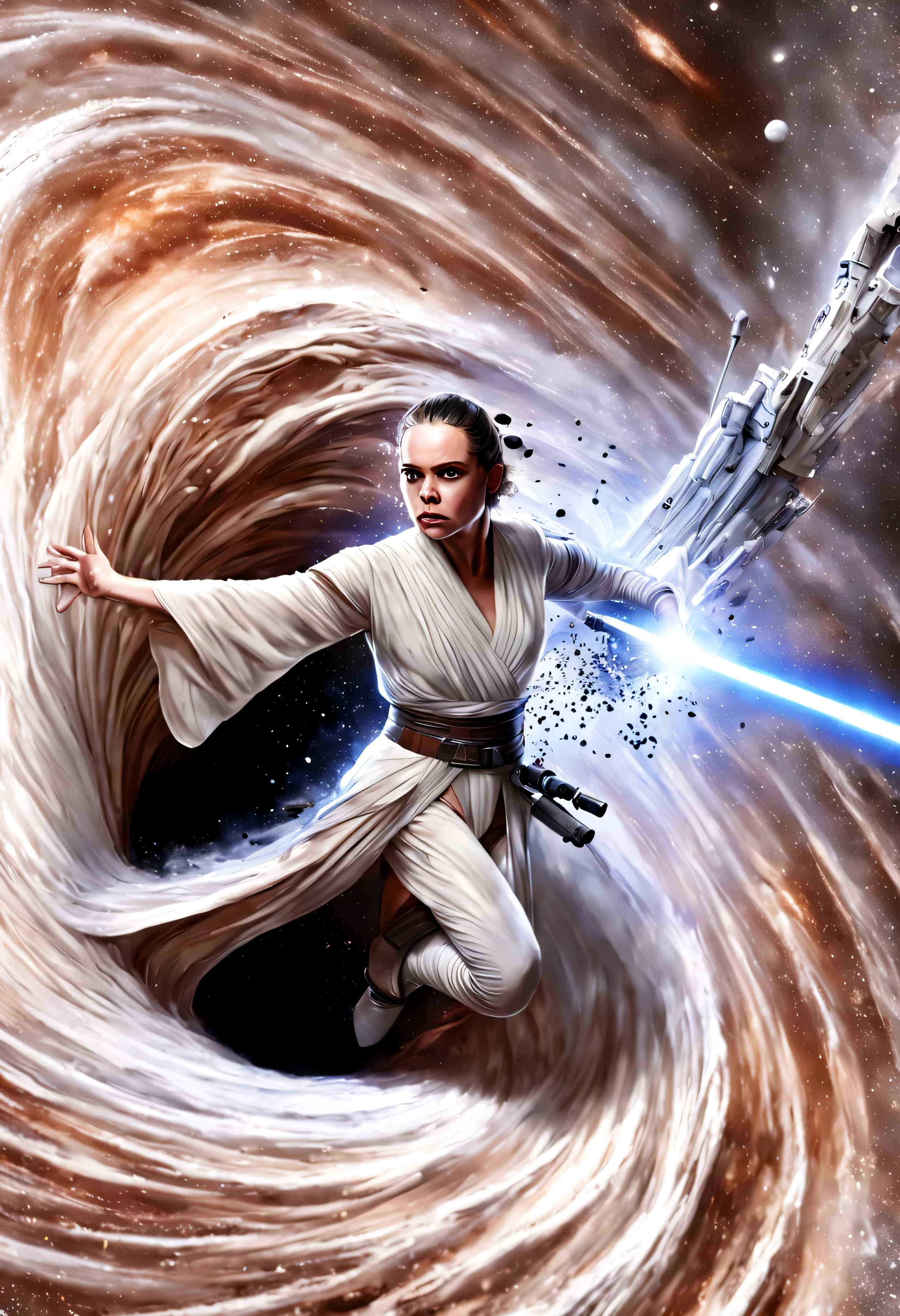 Rey Skywalker  from star wars getting sucked into ral-blackhole, stardust, dissolvoing, warp 