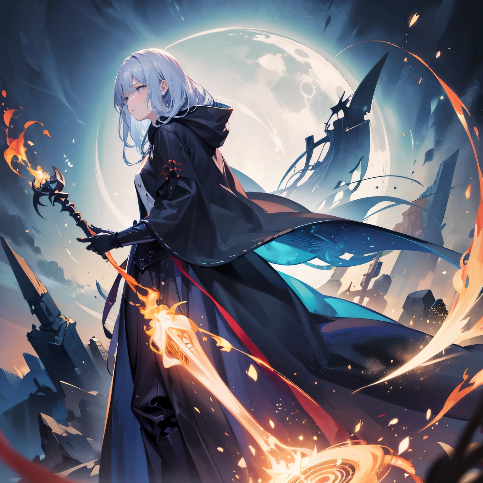 Solo photo of a woman holding a sickle、wizard、swordsman、silver hair、black robe、cloak、wield a big sickle、grim Reaper、put on a hood、disaster々new sickle、frozen sickle、magic circle、quiet effect、dark fantasy、Dark worldview、dark world