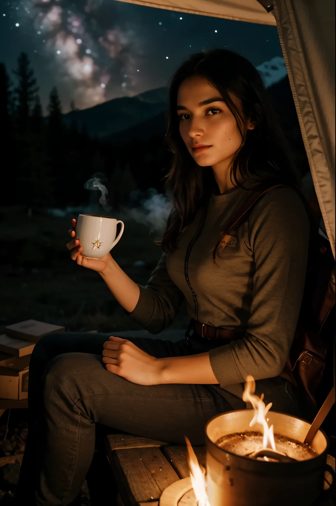 masterpiece, best quality, extremely detailed, hyperrealistic, photorealistic, warm hue, warm tone, a beautiful woman, ultra detailed face:1.2, at night:1.2, sitting near campfire, in a forest, with stars and milky way trails:1.1, holding the mug with both hands, real steam visible, smoke, shadows, tent, backpack