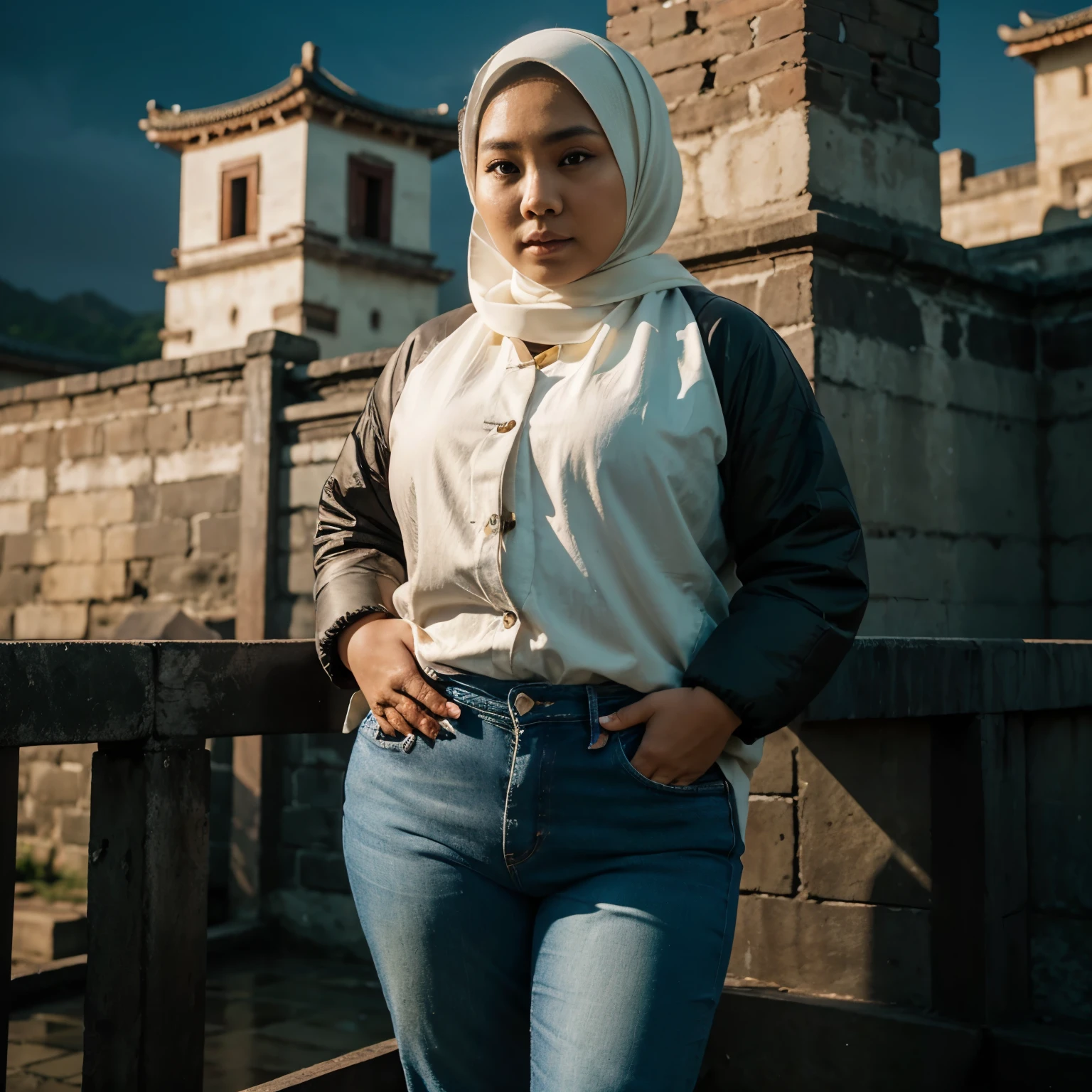 an Indonesian Javanese woman (25 years old, oval and clean face, hijab, fat body, agak gemuk, fat, chubby body, chubby, Indonesian-style skin, wearing a thick winter jacket, jeans) standing posing like a model on the Great Wall of China, photo slightly tilted to the side, visible face, atmosphere night, minimal lighting, sunset light. ultra HD, real photo, very detailed, very sharp, 18mm lens, realistic, photography, leica camera