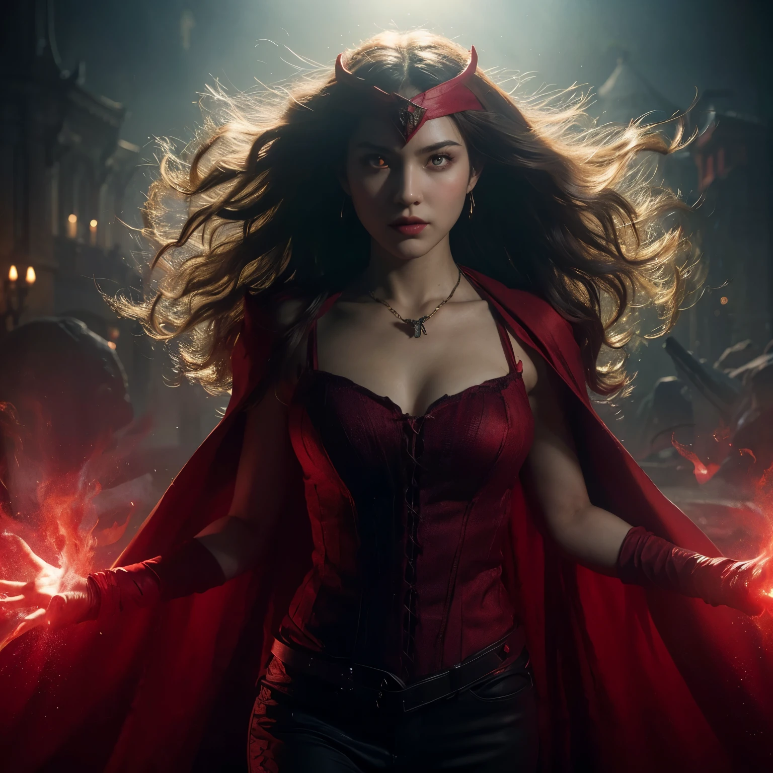 ((very sharp photo result & detailed face)) (((textile shading))), (((Best Quality))), (((masterpiece))), (((hyper realistic photo))) dark backlight shade shoot devilish floating full body the Scarlet witch (((classic costume red tanktop "M" headband & red cloak)) (red aura outside her body))), wavy hairstyle brown hair, ((waving by winds, gorgeous hair)), red glowing eyes, ((intensely spell a magic pose)), dark castle environtment, gargoyles, gritty atmosphere,4K, perfect quality, correct fingers anatomy