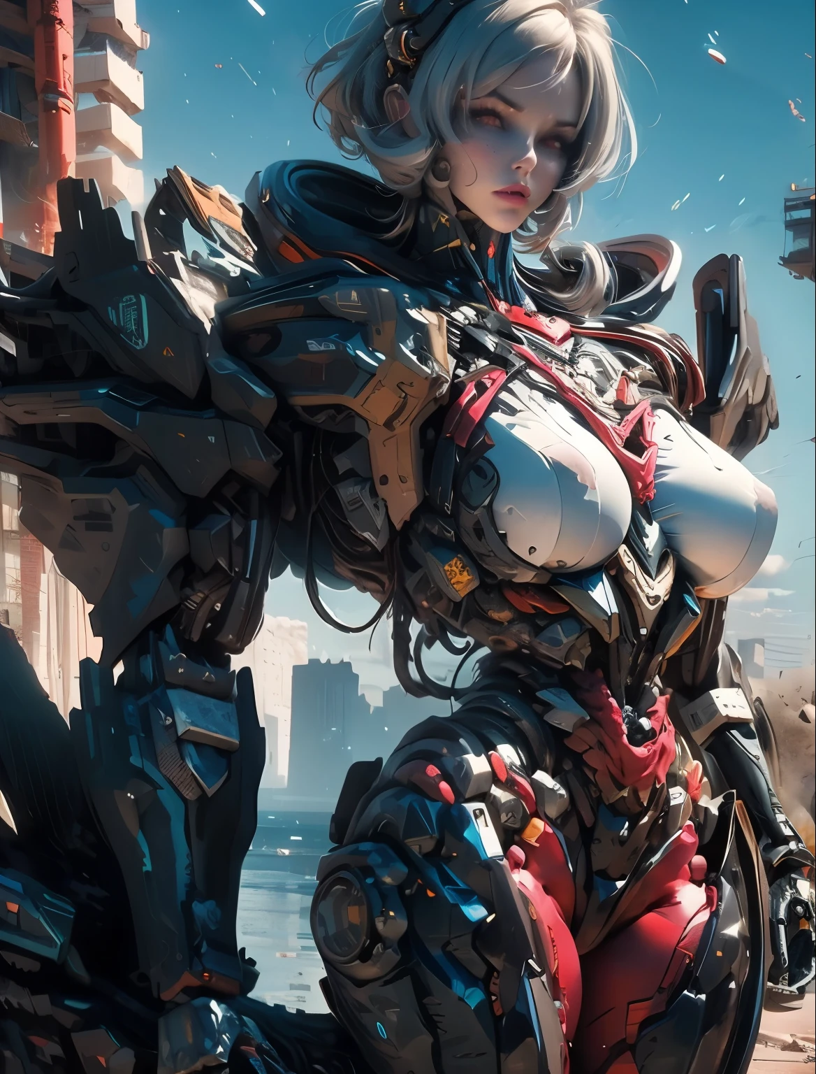 masterpiece,(best quality)Giant Cyberpunk Female Mechanical Titan,Breasts equipped with giant exoskeleton mechanical structural modules,Ruins of dilapidated underground city on cloudy day and night,end of the world