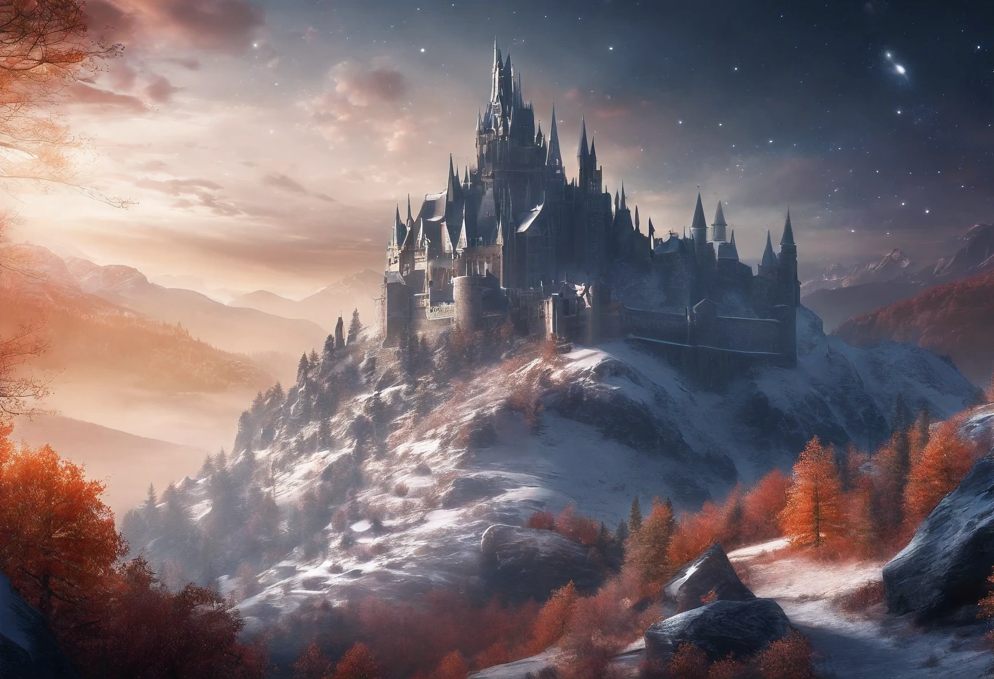 Vast Landscape Photo atumn (view from bottom, which shows the sky overhead and the rocks), Fortress at the top, (Shooting stars: 0,9), (nebula: 1,3), High Lonely Mountain warm lights in castle,(Cold light source:1.2), Lonely Mountain, Snow-capped mountains, voluminous lighting, реализм BREAK (tmasterpiece:1.2), (beste-Qualit), 4k, Ultra-detailed, (Dynamic composition: 1.4), Detailed, colorful details, (White color scheme: 1.2), (Glowing Lighting, Ambiance Lighting), dreamy, elvish, (solo: 1.2)