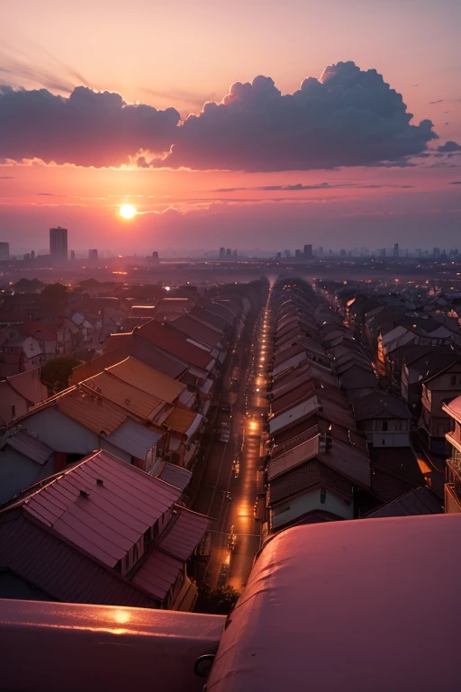 sunset, pink evening sun, city, view from the balcony, clouds are soft, houses glow from the sun