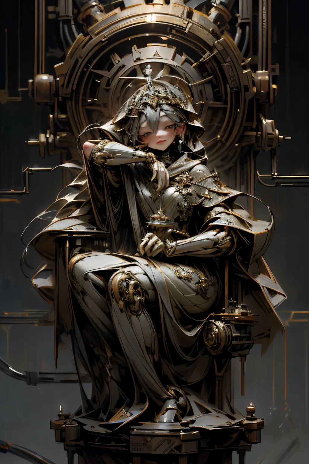 best quality, 32k, RAW photo, incredibly absurdres, extremely detailed, delicate texture, mechanical puppet, beautiful princess, silver braided up hair, tiara, cylinders, pistons, gears, IC chips, printed circuit boards, resistors, capacitors, fantasy, background castle