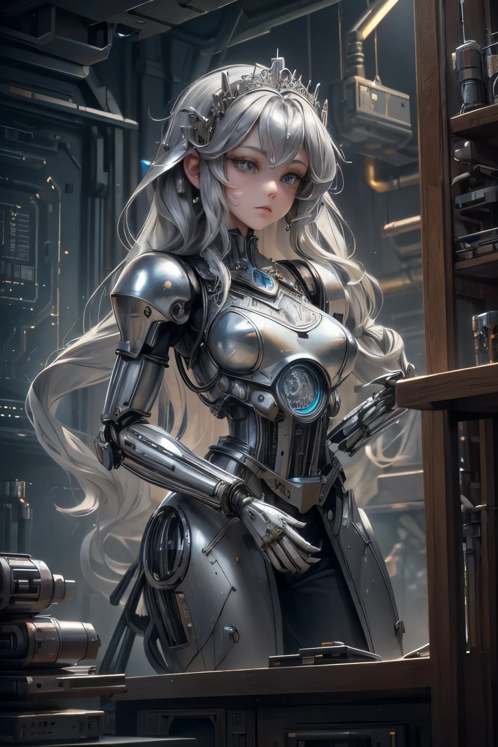 best quality, 32k, RAW photo, incredibly absurdres, extremely detailed, delicate texture, mechanical puppet, beautiful princess, silver braided up hair, tiara, cylinders, pistons, gears, IC chips, printed circuit boards, resistors, capacitors, fantasy, background castle