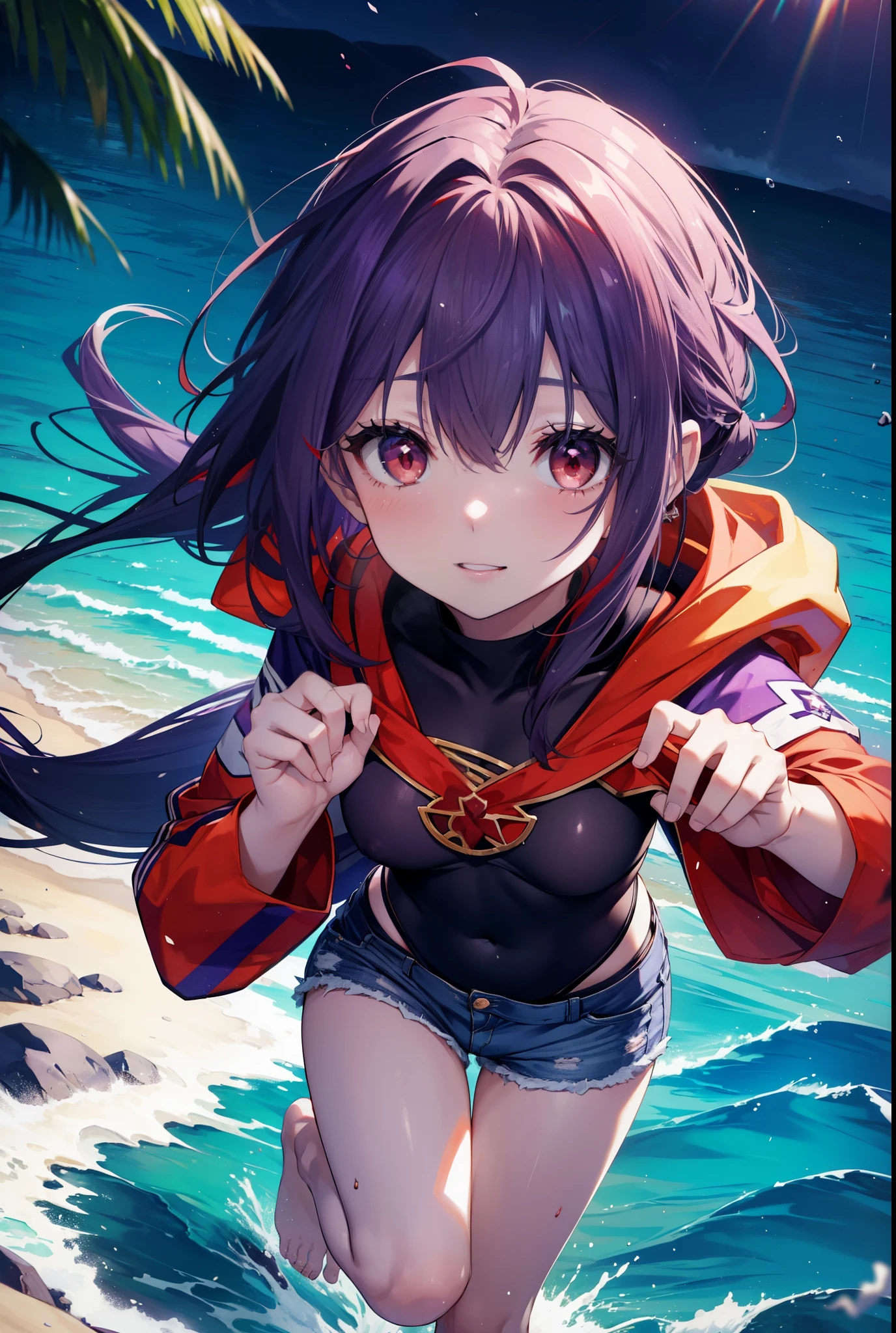 yuukikonno, Yuki Konno, long hair, pointed ears, purple hair, smile,blush,(red eyes:1.5), (small breasts:1.2), open your mouth,purple sleeveless hoodie,wearing a hood,The front is open,It's a bellybutton,T-shirt,shorts,barefoot,Cute Sandals,Midsummer,Palm tree,daytime,Light of the sun,
壊す looking at viewer, Upper body, whole body,
break outdoors, coastal street,destroy the beach (masterpiece:1.2), highest quality, High resolution, unity 8k wallpaper, (figure:0.8), (detailed and beautiful eyes:1.6), highly detailed face, perfect lighting, Very detailed CG, (perfect hands, perfect anatomy),