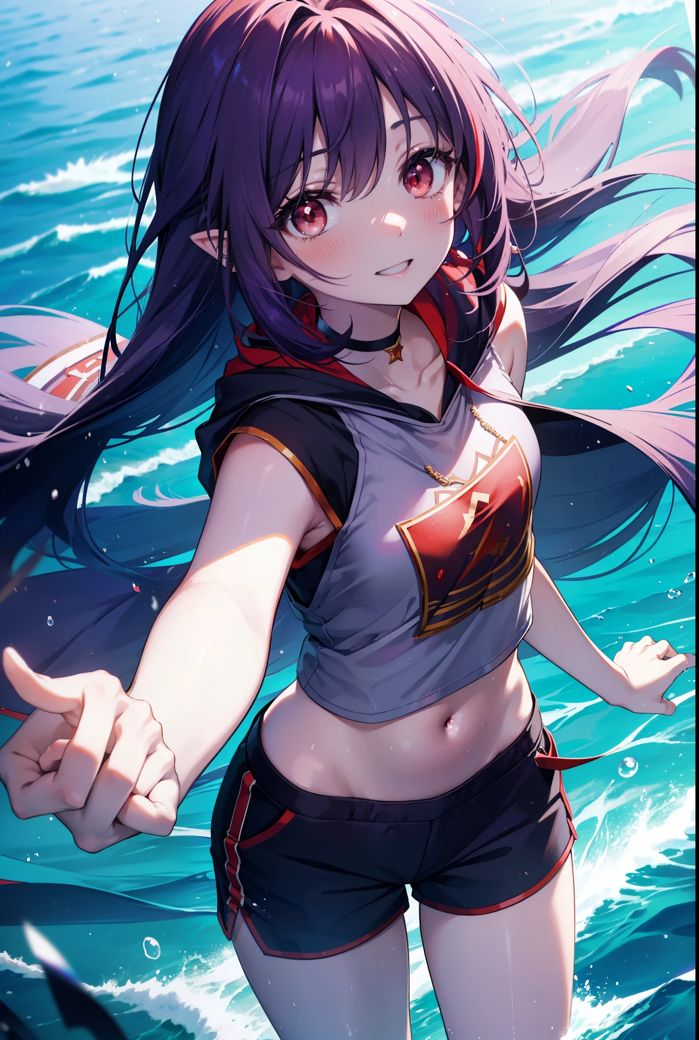 yuukikonno, Yuki Konno, long hair, pointed ears, purple hair, smile,blush,(red eyes:1.5), (small breasts:1.2), open your mouth,purple sleeveless hoodie,wearing a hood,The front is open,It&#39;s a bellybutton,T-shirt,shorts,barefoot,Cute Sandals,Midsummer,Palm tree,daytime,Light of the sun,
壊す looking at viewer, Upper body, whole body,
break outdoors, coastal street,destroy the beach (masterpiece:1.2), highest quality, High resolution, unity 8k wallpaper, (figure:0.8), (detailed and beautiful eyes:1.6), highly detailed face, perfect lighting, Very detailed CG, (perfect hands, perfect anatomy),