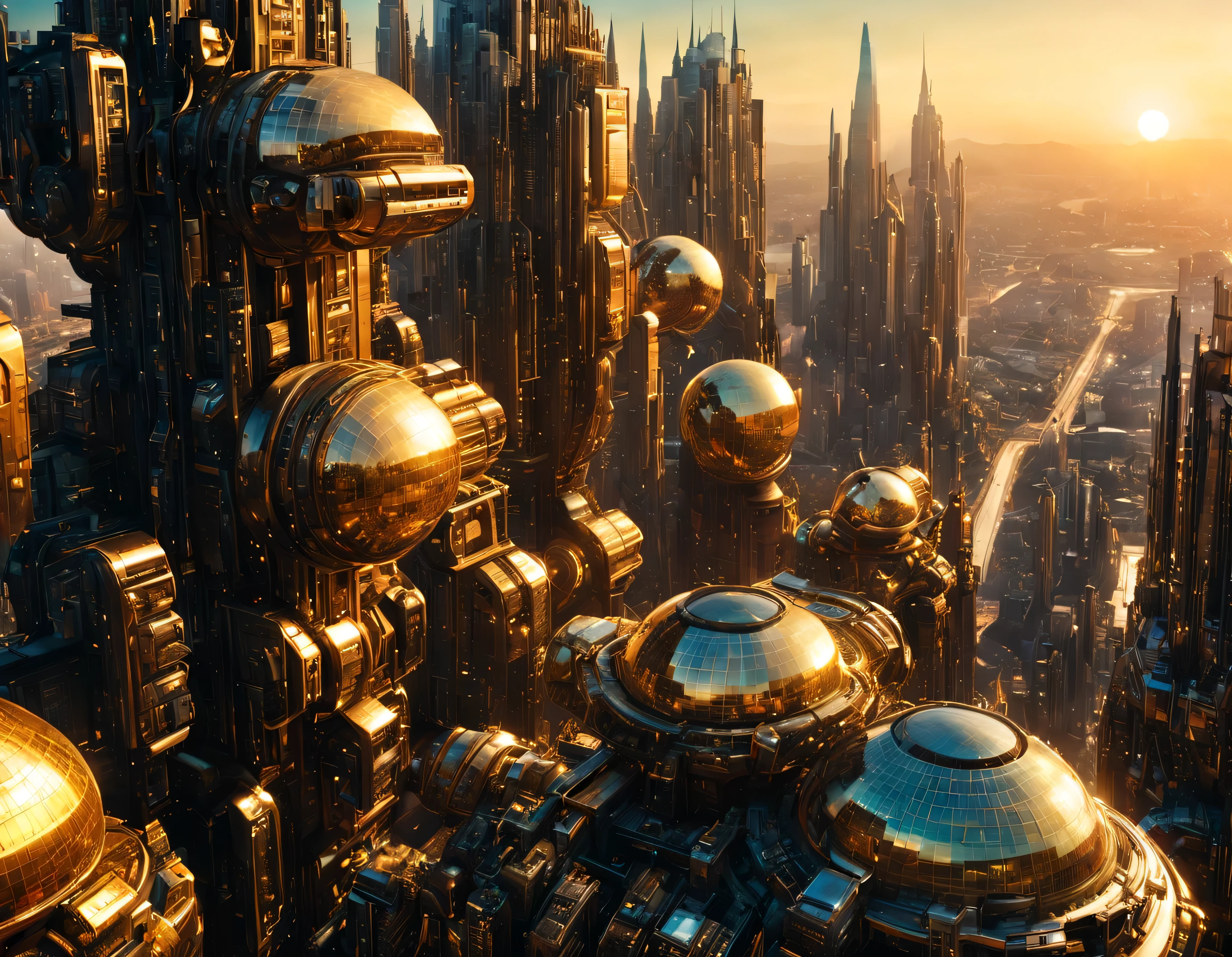 (golden hour lighting), megacity, megalopolis of an imaginary world of science fiction and maximum fantasy, con inmensos edificios y rascacielos ovalados y dodecaedricos agrupados de metal y cristal donde predomina la plata y los anuncios luminosos de colores. imagen bien definida 8k, (intrincados detalles de la maquina), con muchos edificios juntos.(obra maestra de superior calidad).(imagen fotorrealista), nitidez absoluta hasta el fondo