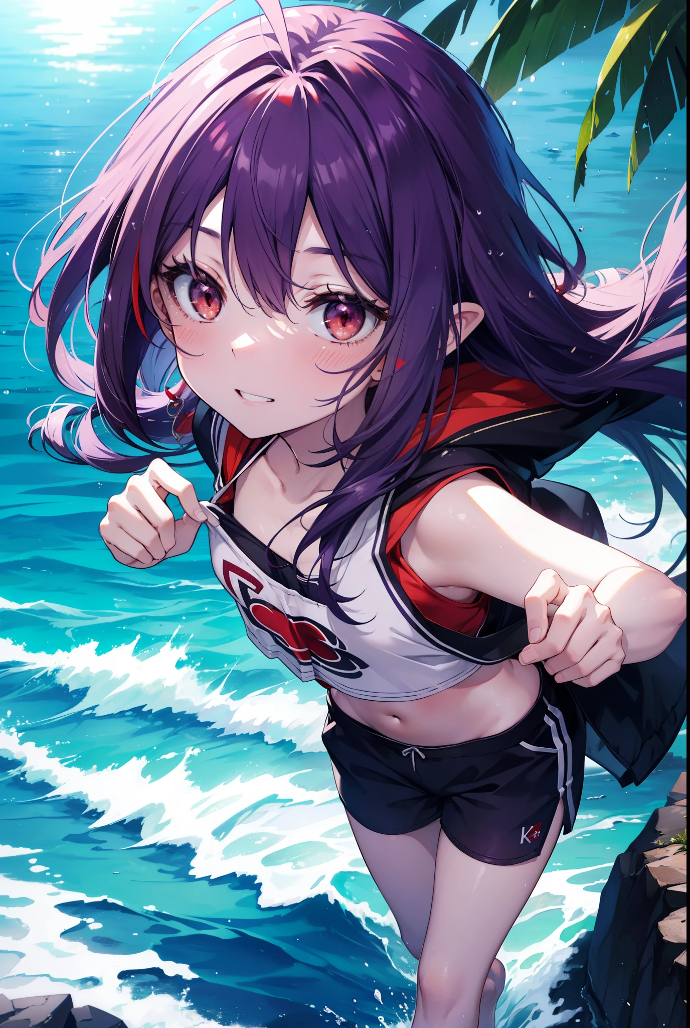 yuukikonno, Yuki Konno, long hair, hair band, pointy ears, purple hair, smile,blush,(red eyes:1.5), (small breasts:1.2), naked neck,open your mouth,Light Purple Hoodie,bikini swimwear,shorts,barefoot,Cute Sandals,Midsummer,Palm tree,daytime,Light of the sun,walk on the sandy beach,
壊す looking at viewer, Upper body, whole body,
rest outdoors, coastal street,destroy the beach (masterpiece:1.2), highest quality, High resolution, unity 8k wallpaper, (shape:0.8), (fine and beautiful eyes:1.6), highly detailed face, perfect lighting, Very detailed CG, (perfect hands, perfect anatomy),