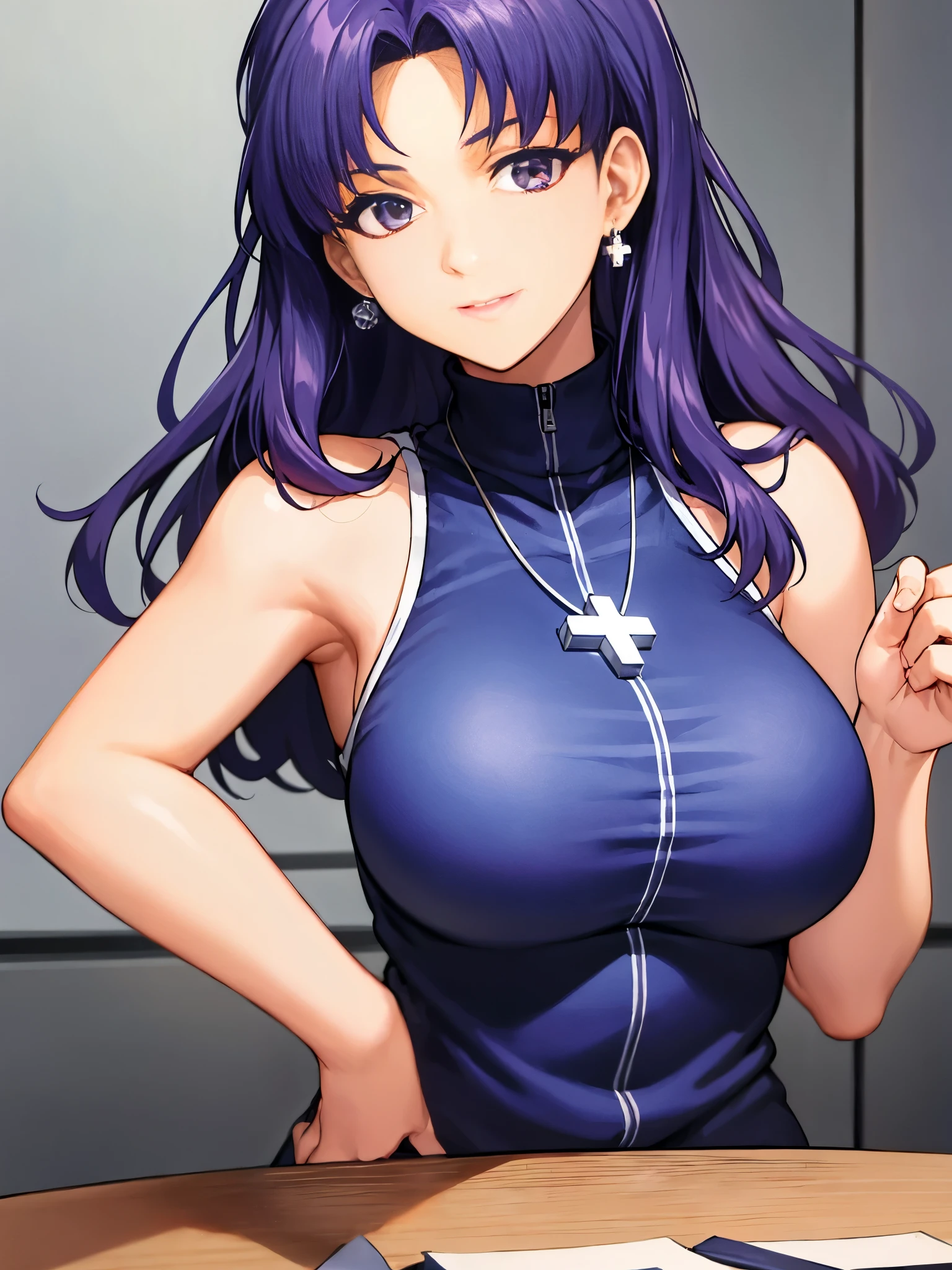 Show your armpits,table top, highest quality, very detailed_nffsw_unity_8k_ wallpaper, very detailed _ eye, Evangelion: 3.0 can \ (do not have \) Redo, girl, alone, Misato Katsuragi, 茶色のeye, indigo hair, big breasts, cross necklace,, mature woman, older, Upper body,