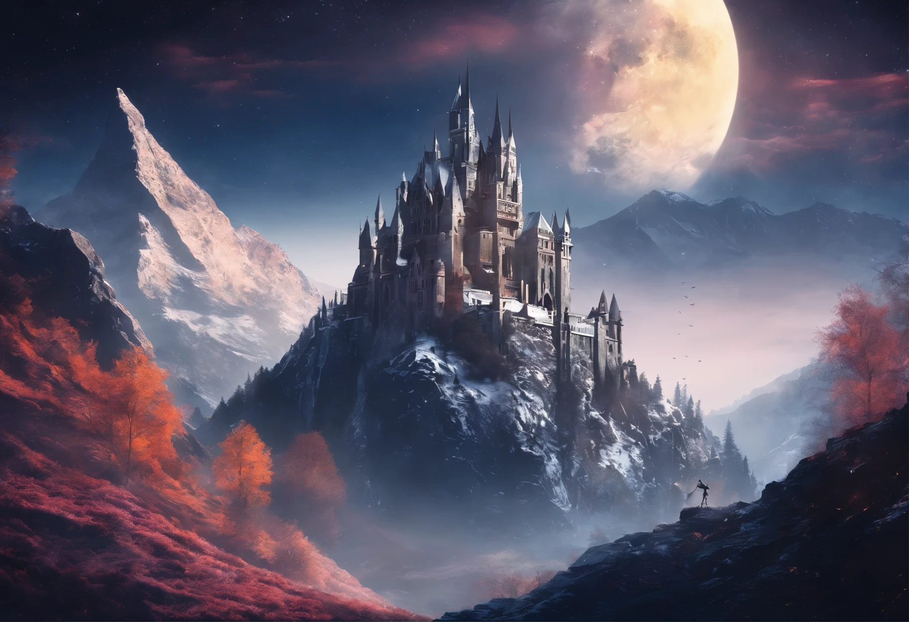 Vast Landscape Photo atumn (view from bottom, which shows the sky overhead and the rocks), Fortress at the top, (Shooting stars: 0,9), (nebula: 1,3), High Lonely Mountain warm lights in castle,(Cold light source:1.2), Lonely Mountain, Snow-capped mountains, voluminous lighting, реализм BREAK (tmasterpiece:1.2), (beste-Qualit), 4k, Ultra-detailed, (Dynamic composition: 1.4), Detailed, colorful details, (White color scheme: 1.2), (Glowing Lighting, Ambiance Lighting), dreamy, elvish, (solo: 1.2)