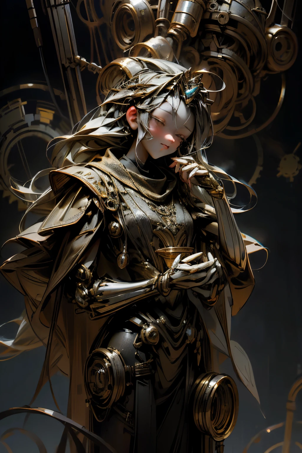 best quality, 32k, RAW photo, incredibly absurdres, extremely detailed, delicate texture, mechanical puppet, beautiful princess, silver braided up hair, tiara, cylinders, pistons, gears, IC chips, printed circuit boards, resistors, capacitors, fantasy, background castle