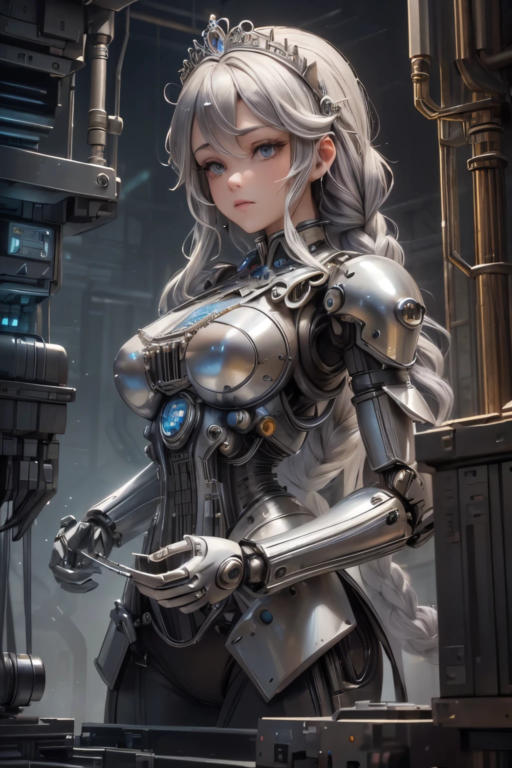 best quality, 32k, RAW photo, incredibly absurdres, extremely detailed, delicate texture, mechanical puppet, beautiful princess, silver braided up hair, tiara, cylinders, pistons, gears, IC chips, printed circuit boards, resistors, capacitors, fantasy, background castle