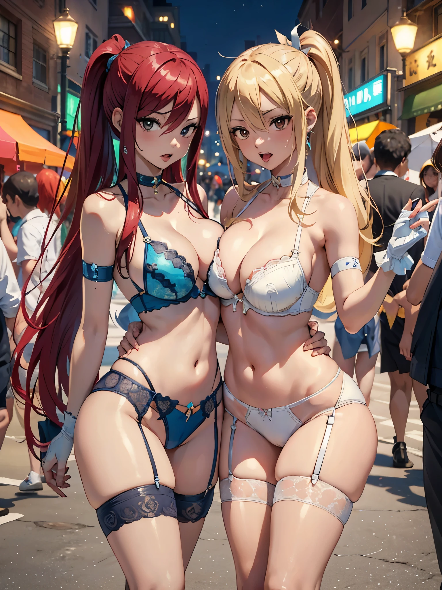 2 women, photoshoot poses, Erza Scarlet and Lucy Heartfilia posing together,  ((Erza Scarlet) red hair, long hair, ponytail, white ribbon, hair over one eye, brown pupils, large breasts, collarbone, in elbow gloves, carnival outfit, feathers, pasties, nipple slip, no shirt, thigh highs, black panties, garter belt, showing sternum, showing stomach, belly button piercing, choker), ((Lucy Heartfilia) blonde, long hair, blue bow in hair, brown pupils, white and blue carnival costumes, white stockings, white garter belt, white bra), blush, city street, crowds on street, giant tits, night time, (both women, posing together, hands behind head, dynamic pose), blush, tongue sticking out, (ahegao:1.2), normal eyes, looking at viewer