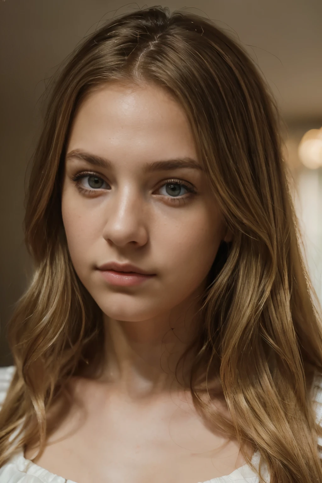 (best quality,8k,ultra-detailed,masterpiece:1.2),beautiful and aesthetic,hyperrealism,photography,portrait,beautiful girl, teenager, grey eyes, long golden blonde hair, Timid expression