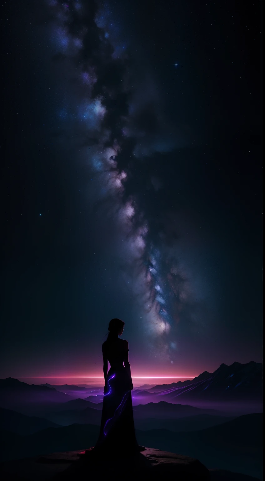 In a profound tableau, darkness and vibrant hues converge to unveil a mesmerizing image that transcends the ordinary. Set against an obsidian backdrop, an array of luminous colors weaves through the scene, creating an ethereal dance between shadow and light. At the center, a lone figure stands in silhouette, their back turned to the observer, surrounded by an enigmatic aura. The figure, a silhouette against the tapestry of deep, cosmic blues and intense purples, emanates a sense of yearning and contemplation. Specks of luminescent emerald and indigo punctuate the darkness, hinting at untold possibilities awaiting discovery. Their outstretched hands, adorned with intricate, celestial symbols, reach toward the cosmos, fingers brushing against the edges of galaxies yet to be explored. Beneath their feet, a labyrinth of roots weaves through rich, earthy tones, connecting the seeker to the very essence of existence. The ground pulses with hints of magenta and jade, symbolizing the interconnectedness of all things on the journey toward purpose. A cosmic ballet unfolds above, as nebulae of sapphire and crimson swirl in a dance that reflects the vastness of uncharted potential. Surrounding the figure, cerulean and violet tendrils undulate with unseen currents of desire and longing, each wisp carrying a fragment of the seeker's untold story. Whispers echo through the air, depicted by wisps of color that blend with the cosmic chorus permeating the scene. Towering monoliths rise in the distance, adorned with phosphorescent glyphs telling tales of forgotten wisdom and ancient quests for meaning. As the viewer gazes upon this captivating scene, they are drawn into the very essence of the seeker's quest, surrounded by the paradoxical combination of darkness and vivid colors that mirrors the complexity of the human journey. The person, facing away, becomes a symbol of universal yearning, inviting others to project their own aspirations onto the canvas and join the cosmic explo
