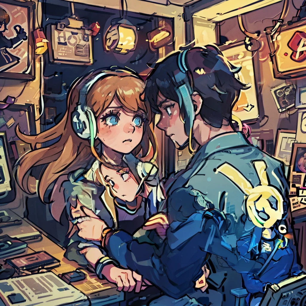 a boy and a girl are listening to music with headphones together in an old vinyl store, a room with a lot of singer poster, 80s style, with neon lights. The atmosphere is sad when the girl wanna break up.