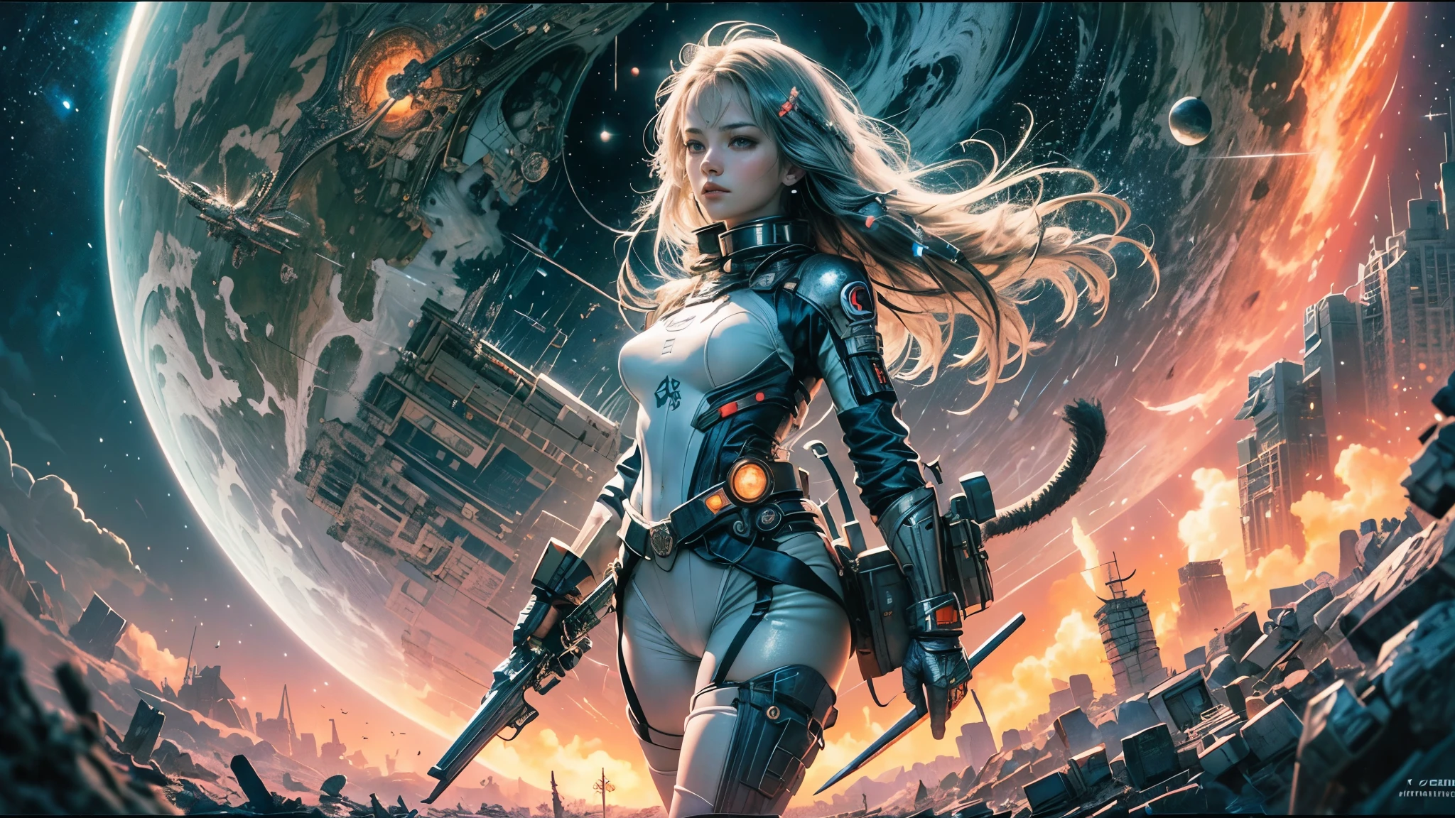master-piece，1 monk warrior girl with white tech suit clothes，White long hair，laces，Abstract retro sci-fi background，art of moebius，Ashley Wood's art，dynamicpose，Wandering Earth，Space Starry Sky