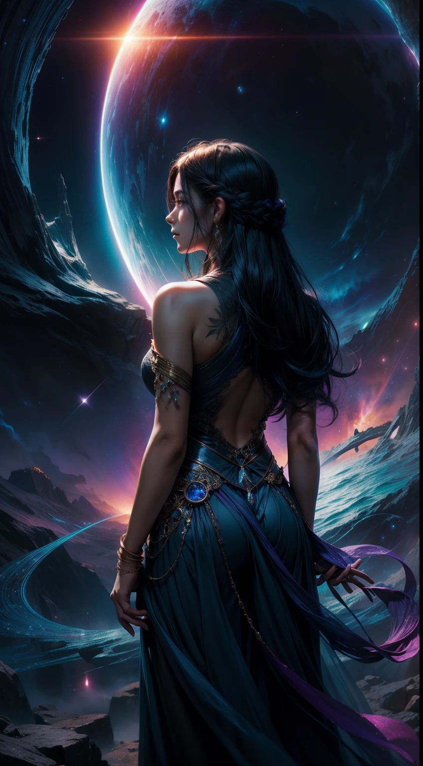 Full medium shot. An ultra hot gorgeous European woman. Age 23. Goddess. high quality, highly detailed, illustration, impasto, canvas, oil painting, fantasy, ((night time. Starry sky)).