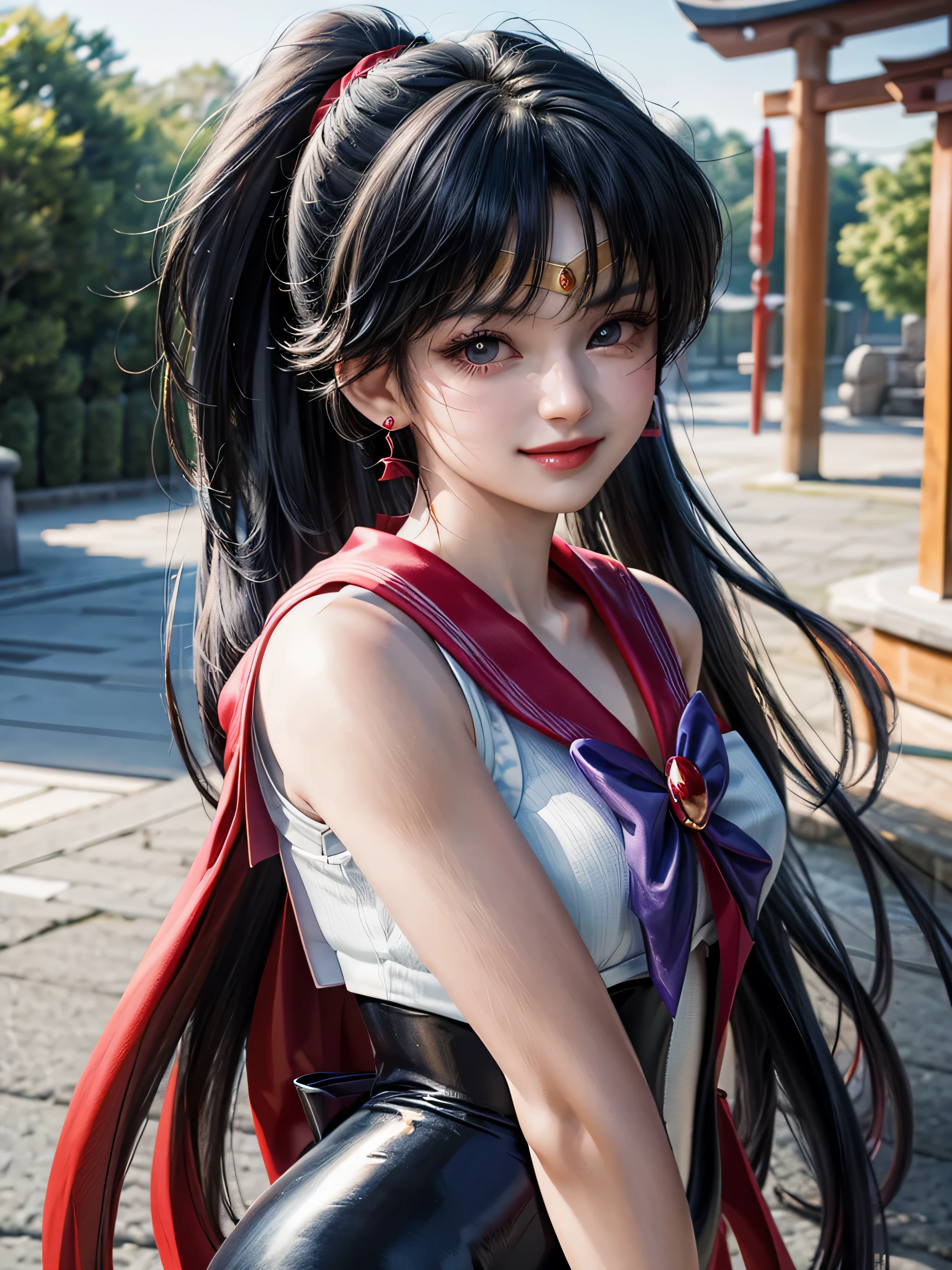 masterpiece, top quality, colorful hair, outdoor, upper body, dark blue, bodysuit, sleeveless, ponytail, cute, asian, center zipper, blonde, Japan person, sailor mars,, smiling,