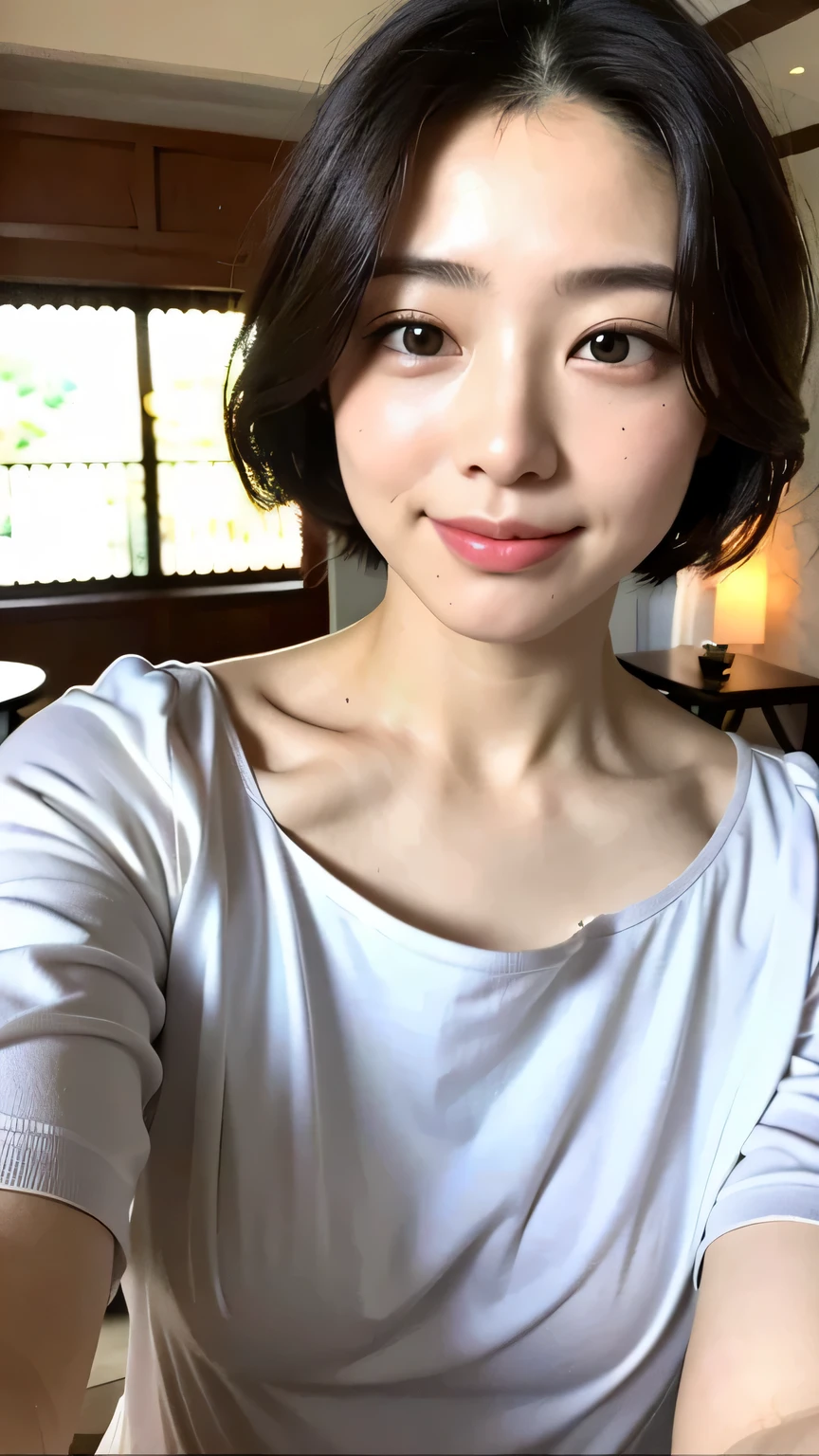 (highest quality、8k、32K、masterpiece、nffsw:1.2)、1 girl、28 years old、attractive face、clean japan、holiday、soft smile、beautiful eyes、intricate details、fine skin、short hair、tongue、saliva