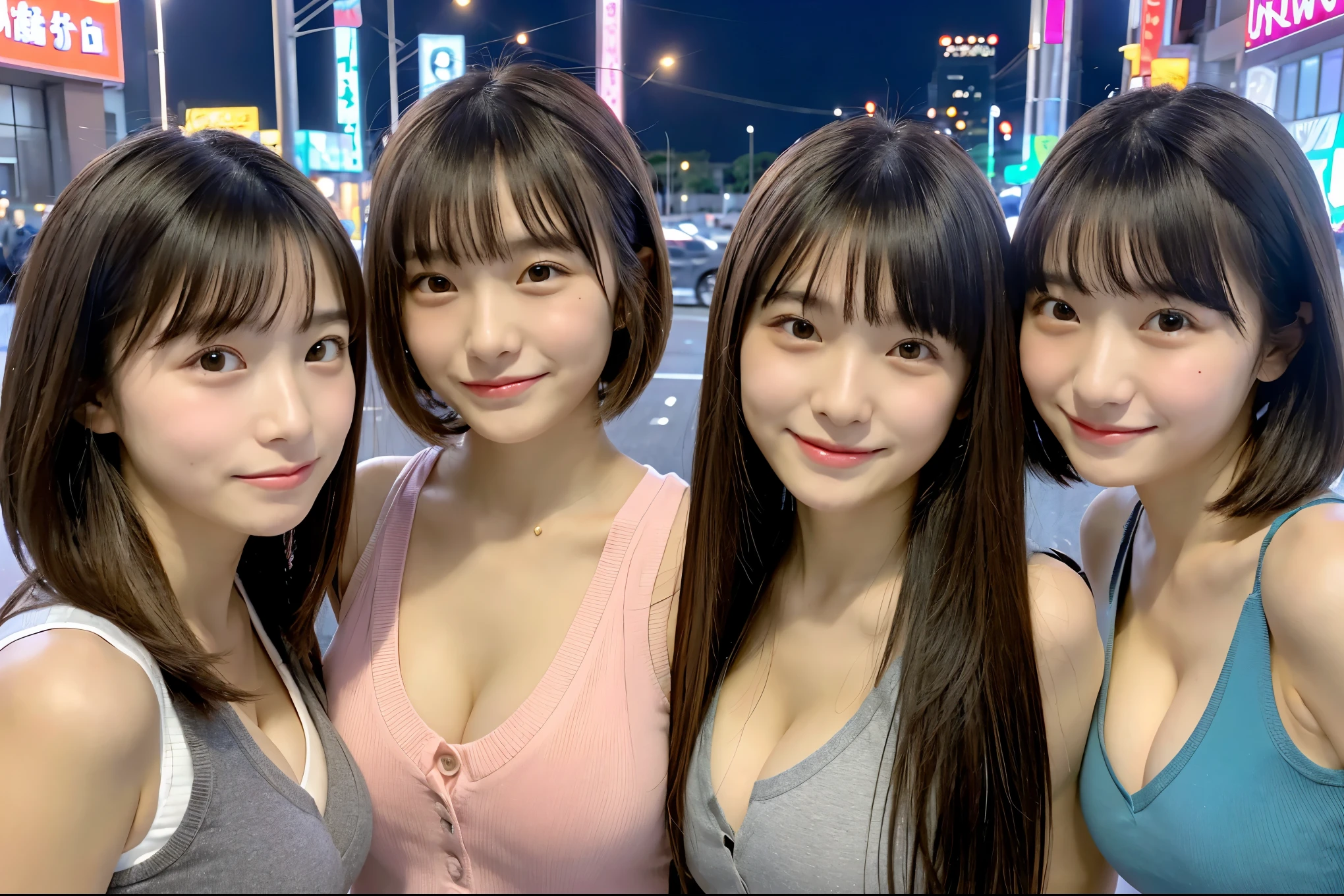 Super detailed super high quality super high quality surreal photograph Three Japan Girls (Each girl has a randomly different hairstyle、different face:1.3) play with funny faces Fair skin ((half-open lips:1.3)) beautiful and soft skin ((Beautifully styled straight short hair)) beautiful and perfect body very cute A beautiful and transparent young man々new skin 16 years oldl girl wearing a sleeveless shirt) big breasts whole body everyday city busy city ((night)) viewer'perspective Front view (big breasts:1.3) (cleavage) (amazingly cute girl:1.3) (whole bodyポートレート)