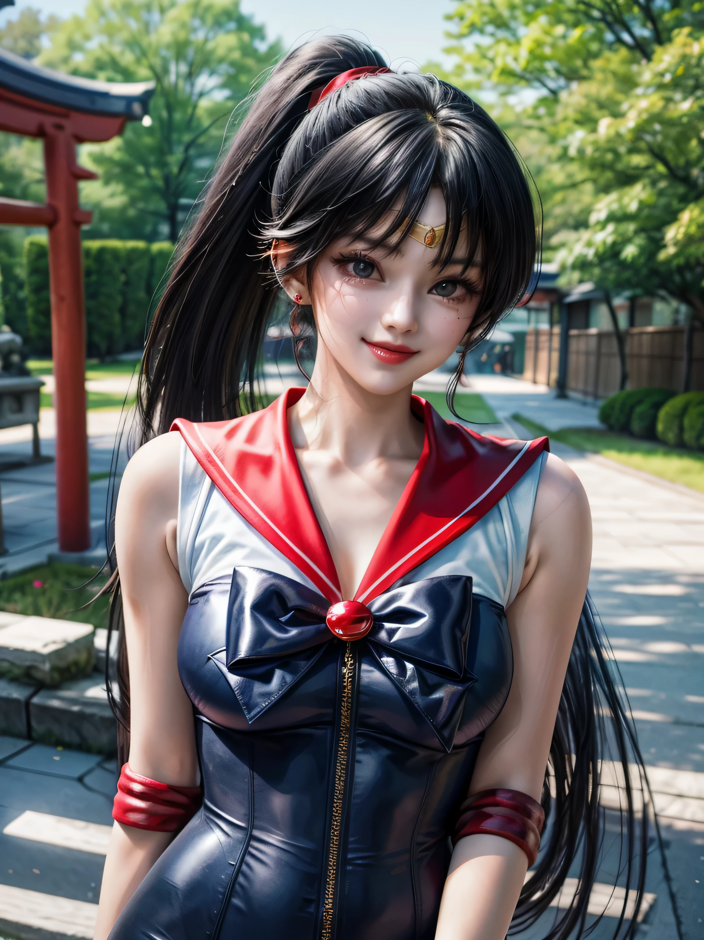 masterpiece, top quality, colorful hair, outdoor,  upper body, dark blue, bodysuit, sleeveless, ponytail, cute, asian, center zipper, blonde, Japan person, sailor mars,, smiling, 