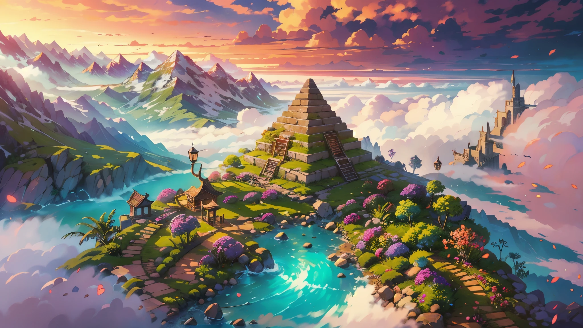 (highres,HDR),vibrant colors,intricate details,dreamy atmosphere,mystical lighting,ethereal beauty,floating desert island,giant pyramid,(flying desert island above the cloud)