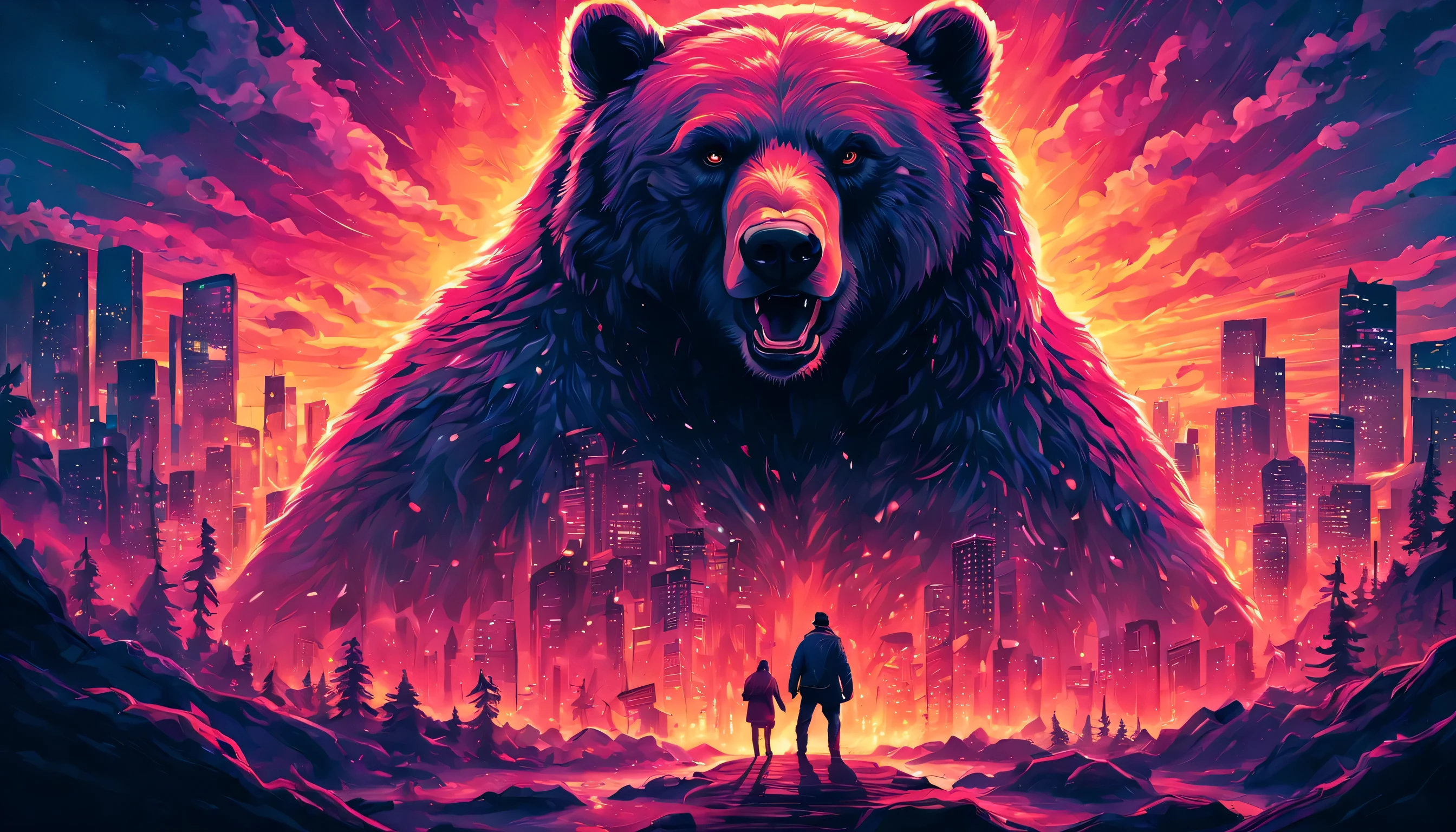 A beautiful bear, tarantino style film cover, film poster,retro,gritty,grindhouse,cult classic,eccentric characters,dark humor,neon lights,vibrant colors,twisted narrative,plot twists,action-packed,stylized violence,larger-than-life,80s vibe,gritty textures,film grain,hand-drawn,edgy,iconic imagery,catchy tagline,dynamic composition,impressive illustrations,eye-catching design,unique typography,intense atmosphere, Enhance, intricate, (best quality, masterpiece, Representative work, official art, Professional, unity 8k wallpaper:1.3)
