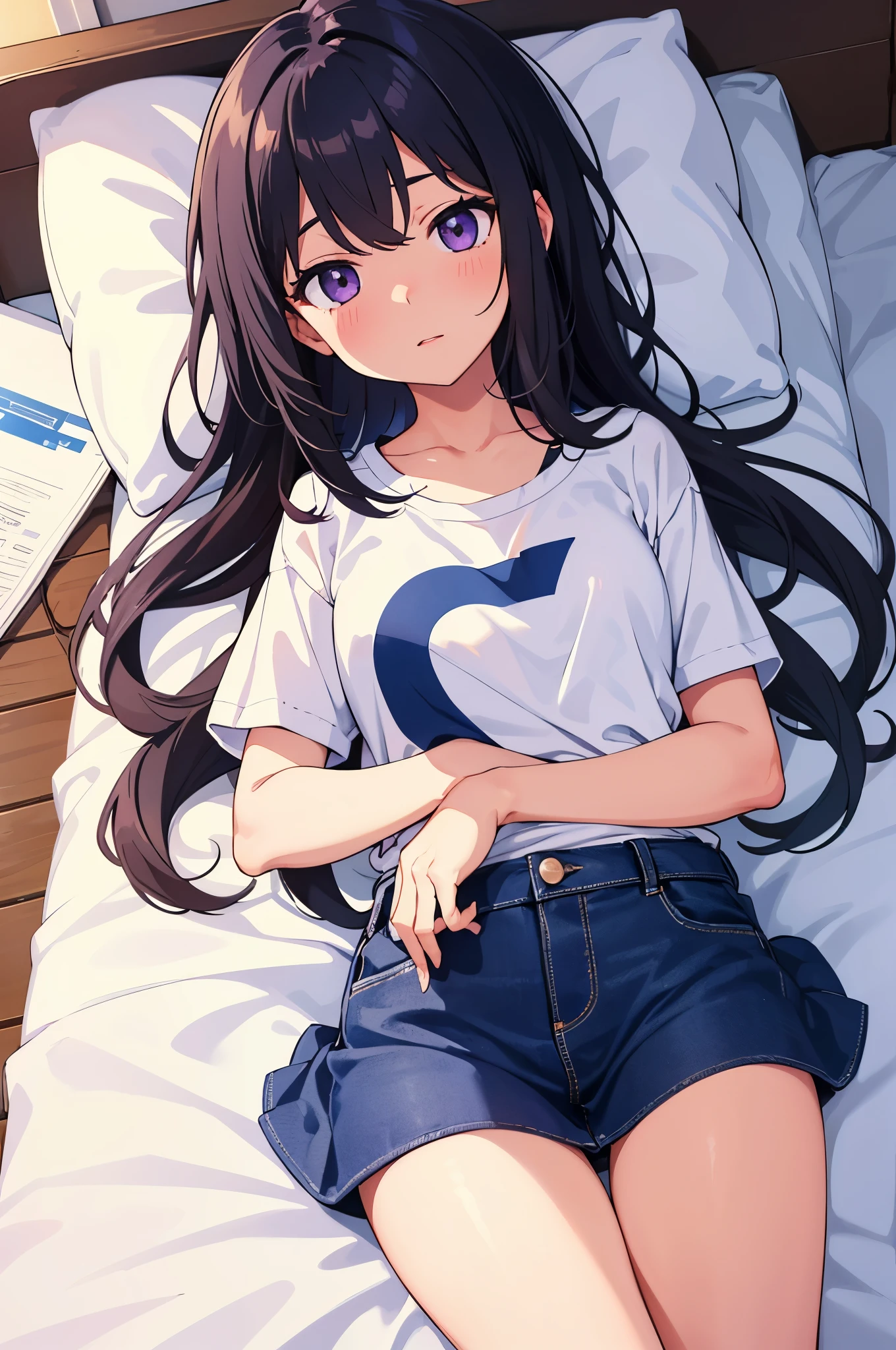 Girl&#39;s Room　8--old　l　Flat Chest　Black Hair　Long Hair　Purple Eyes　1 person　White T-shirt on upper body　Navy blue mini skirt　　（（White panties are visible））　Lying in bed　Dynamic Angle　Angle from directly above