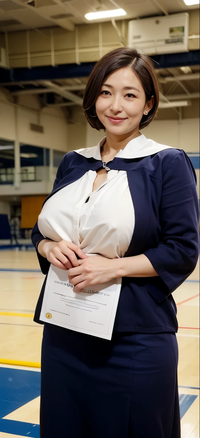 Japan's most beautiful mom((35 years old beautiful mature woman.The face is flashy and has a batch makeover))、((My mother is strong-willed and has a round face.))、((A mom who is like a close friend))(brown short hair)、Mother of plump body、Huge breasts that are too big and droop a little、RAW development、Realistic、((Participate in the graduation ceremony at the gymnasium))、((My mother is wearing her graduation outfit.))