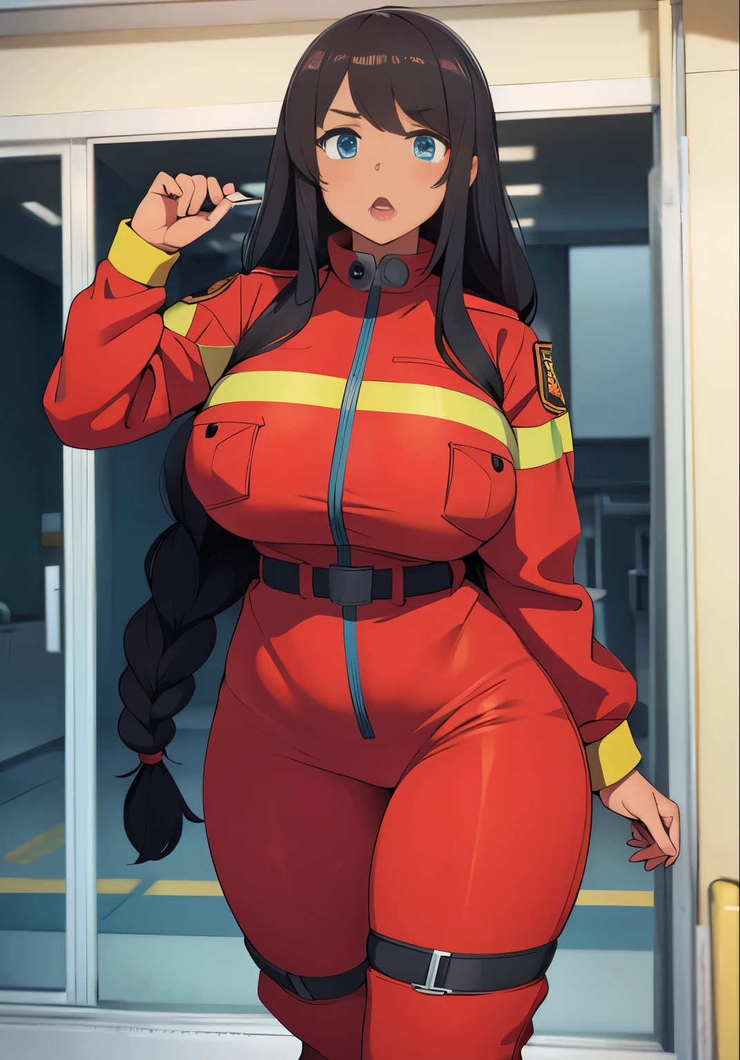 Cute brown skinned firewoman,tight firewoman outfit, she is at a fire department, she has long black braided hair, she is shocked, big breasts, big thighs