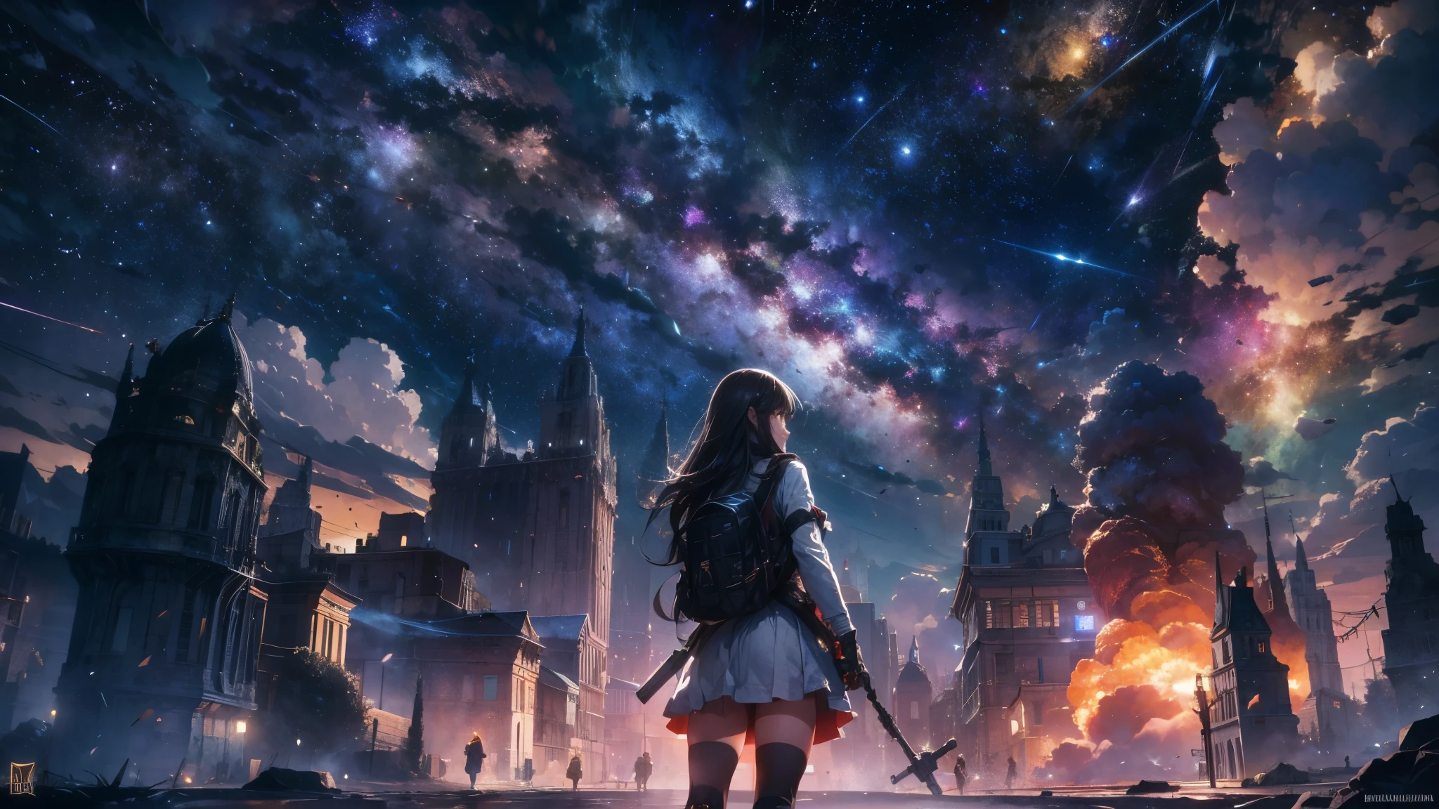 Desenhe um jovem explodido os planetas, Standing on a research platform floating in the middle of an asteroid belt, vire as costas para os espectadores, from behind, surrounded by several glowing asteroids with firebreaker auras The dramatic illumination of distant stars and planets illuminates the scene, casting deep shadows on the costume, looking at the vast and mysterious universe with wonder and respect, quebrar, detalhado, realista, 4k arte digital altamente detalhada, Renderizar octanagem, bioluminescente, BREAK 8K resolution concept art, Realismo, by Mappa Studios, obra-prima, melhor qualidade, Arte Oficial, illustration, Linha clara, (Fresco_cor), perfect compositio, Absurdo, fantasia, focado, rule of thirds