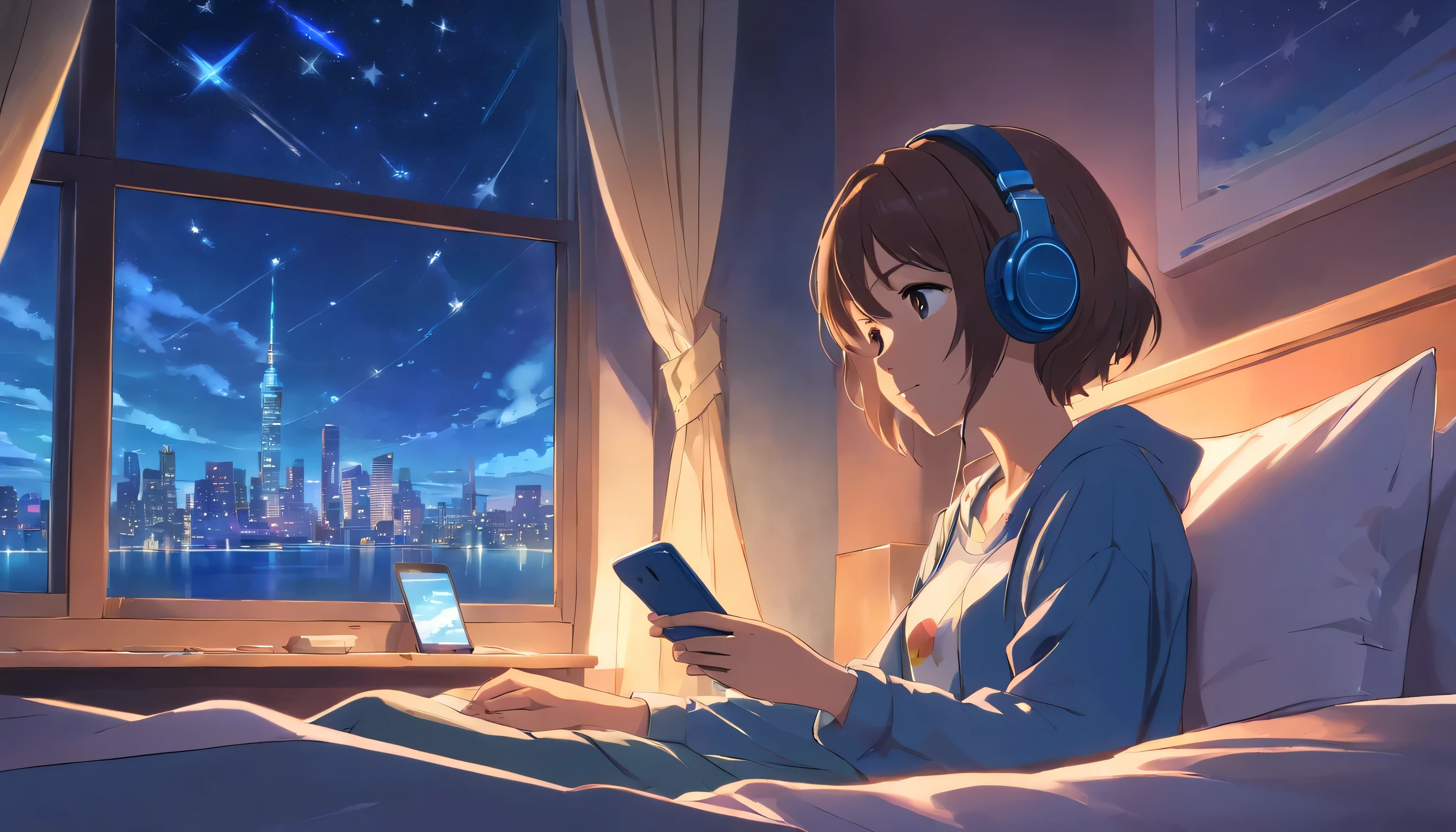 A girl listens to music with headphones by the window next to the bed，There are many stars in the night sky with a mobile phone in hand