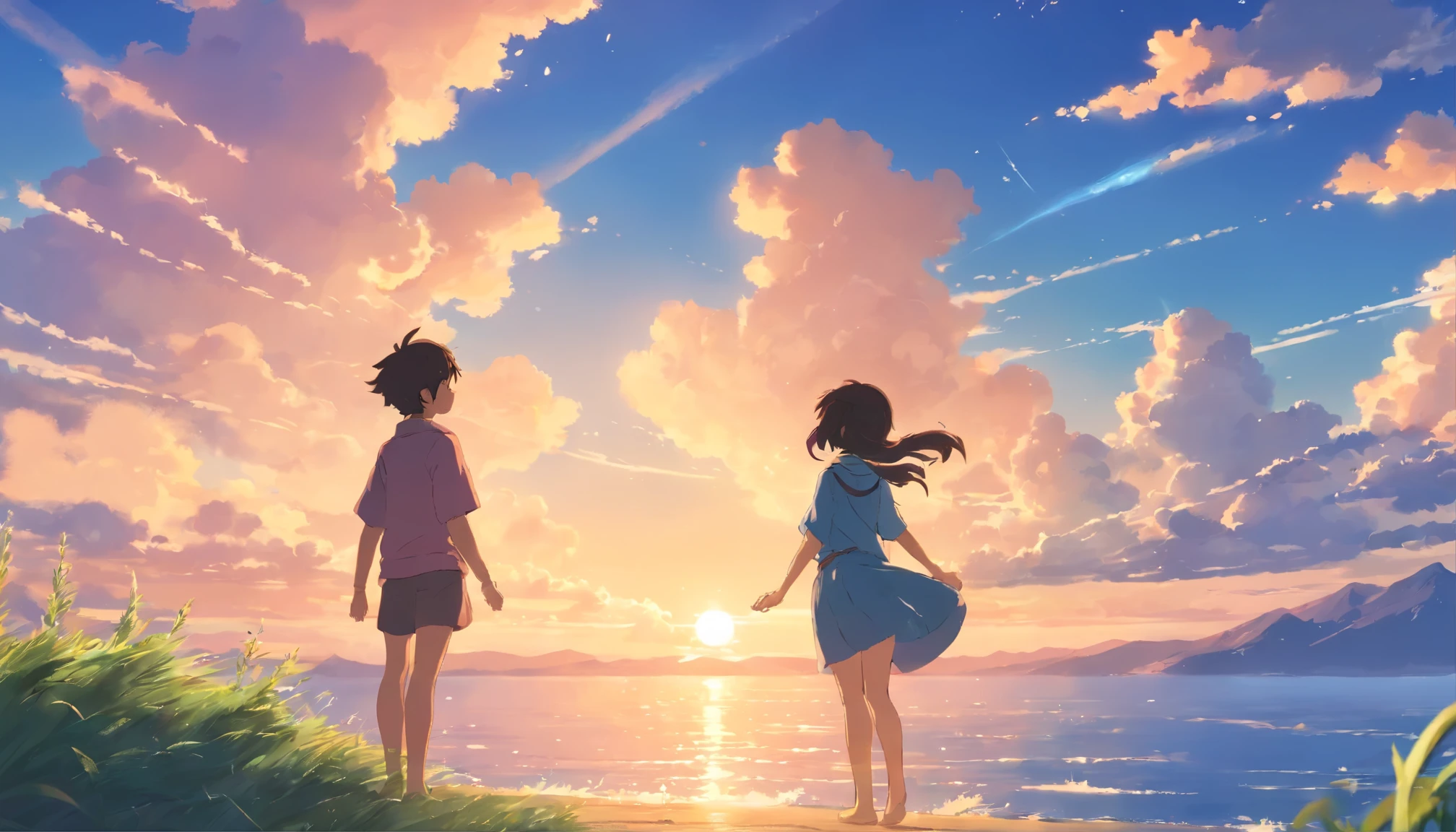 masterpiece, highest quality, movie stills, 1 boy, girl, cloud boy, floating in the sky, close, bright, Happy, warm and soft lighting, sunset, (spark:0.7)