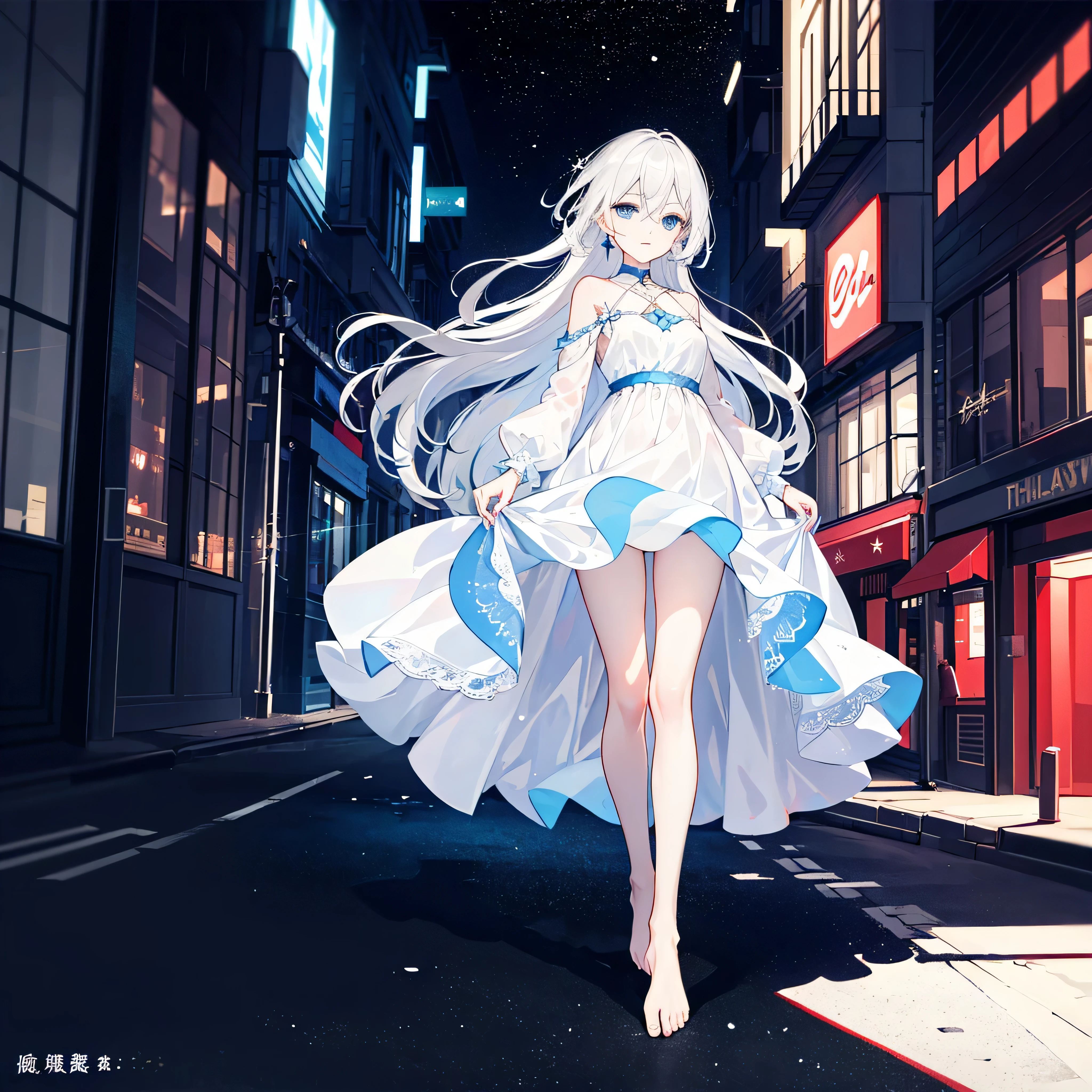 (Format：Prompt output content(Corresponding label))

best quality，artistic masterpiece (best quality, masterpiece:1.2)
Beautiful and delicate face (Beautiful and delicate face)
perfect face (perfect face)
twinkling blue eyes (sparkling blue eyes)
Snow-white skirt (pure white long dress)
shiny silver hair (shiny silver hair)
walking barefoot (barefoot)
Slender legs (long legs)
White skin (White skin)
cold gaze (cold gaze)
繁华的city lights background (city lights background)
tbustling street (city center)
high contrast (high contrast)
night atmosphere (night atmosphere)
Swan Oval face (Oval face)
smart eyes (sparkling star eyes)
Light and shadow atmosphere (The game of light and shadow)，Fingers are thin and white，Feet are more refined，Toe repaint，faint smile