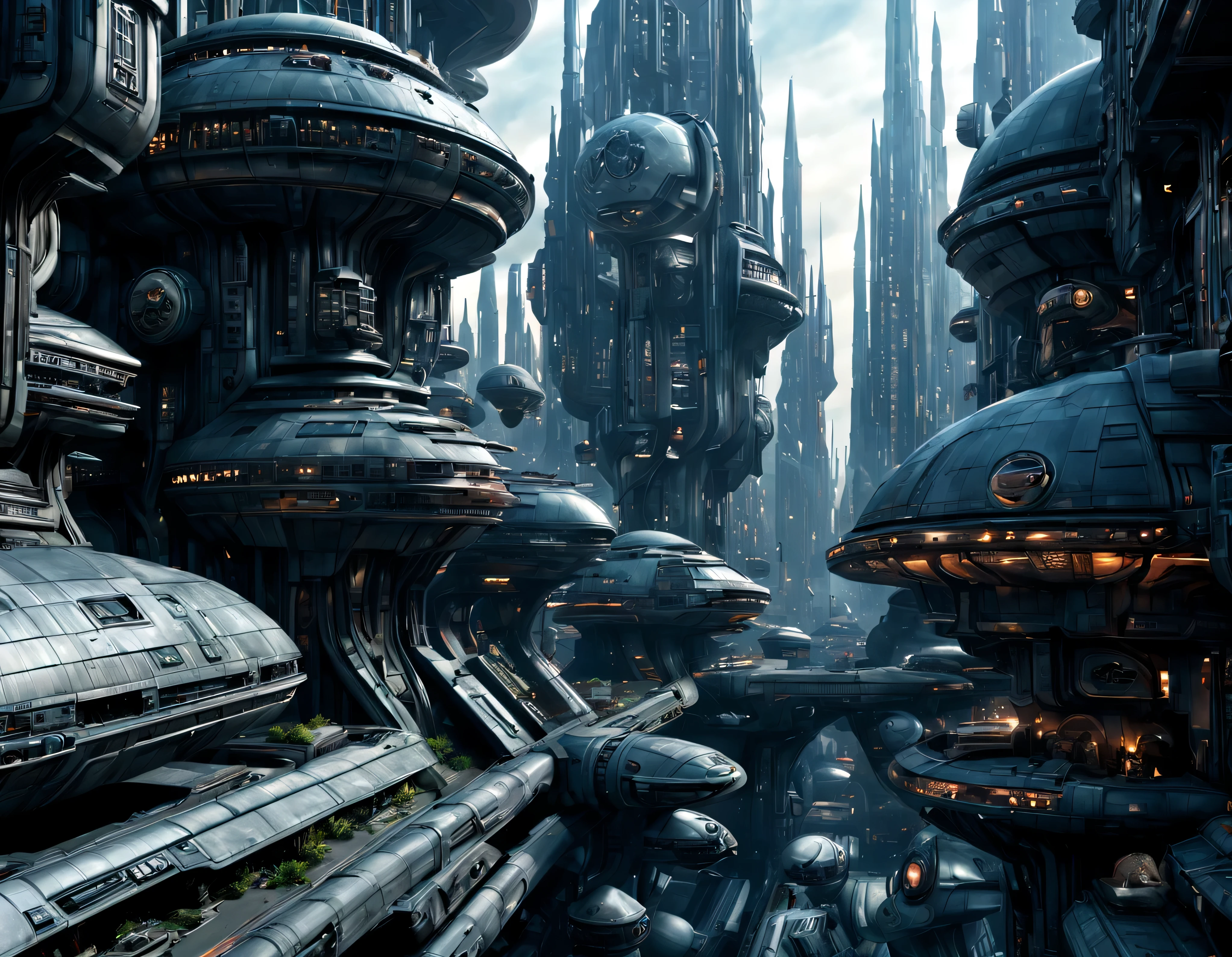 street of an extraterrestrial alien megalopoli mezcla de coruscant de star wars , disneyland y la ciudad futurista de tomorrowland), with futuristic and technological architecture in its metal and glass conglomerado de buildings y rascacielos, some aliens walking around, ventanas iluminadas, all full of imagination, science fiction and (intrincados detalles de la maquina).imagen fotorrealista, Maximum sharpness, calidad 8k.(obra maestra de calidad superior). 3D. cyberpunk, century XXV technolo