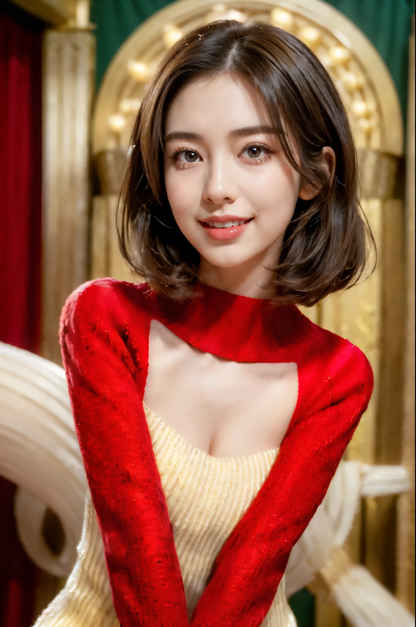 ((((8k))),((Extremely meticulous CG)),(wallpaper),16k,((Extremely refined and beautiful)),(((Masterpiece))),(((best qualtiy))),(((Ultra High Resolution))),beautiful light up,Perfect lightning,realistic shaded,(high resolution),(Smooth and flawless fair skin:1.5),(pale skin:1.3),Extremely exquisite facial details,(perfect body:1.1),ultra-detailed,a girl,solo,small head,(shoulder length straight bob hair:1.2),small face,Exquisite makeup,(slim,thin),(happy:1.2),(laughing:1.3),(small breasts:1.1),flat chest,(red sweater:1.5),(day scene:1.5),indoor,(At the entrance of a luxurious theater:1.3),(Spring Festival festive atmosphere:1.3),(detailed background:1.5),(close-up of face:1.3),(standing:1.2),(from front:1.3),(bright light:1.3),